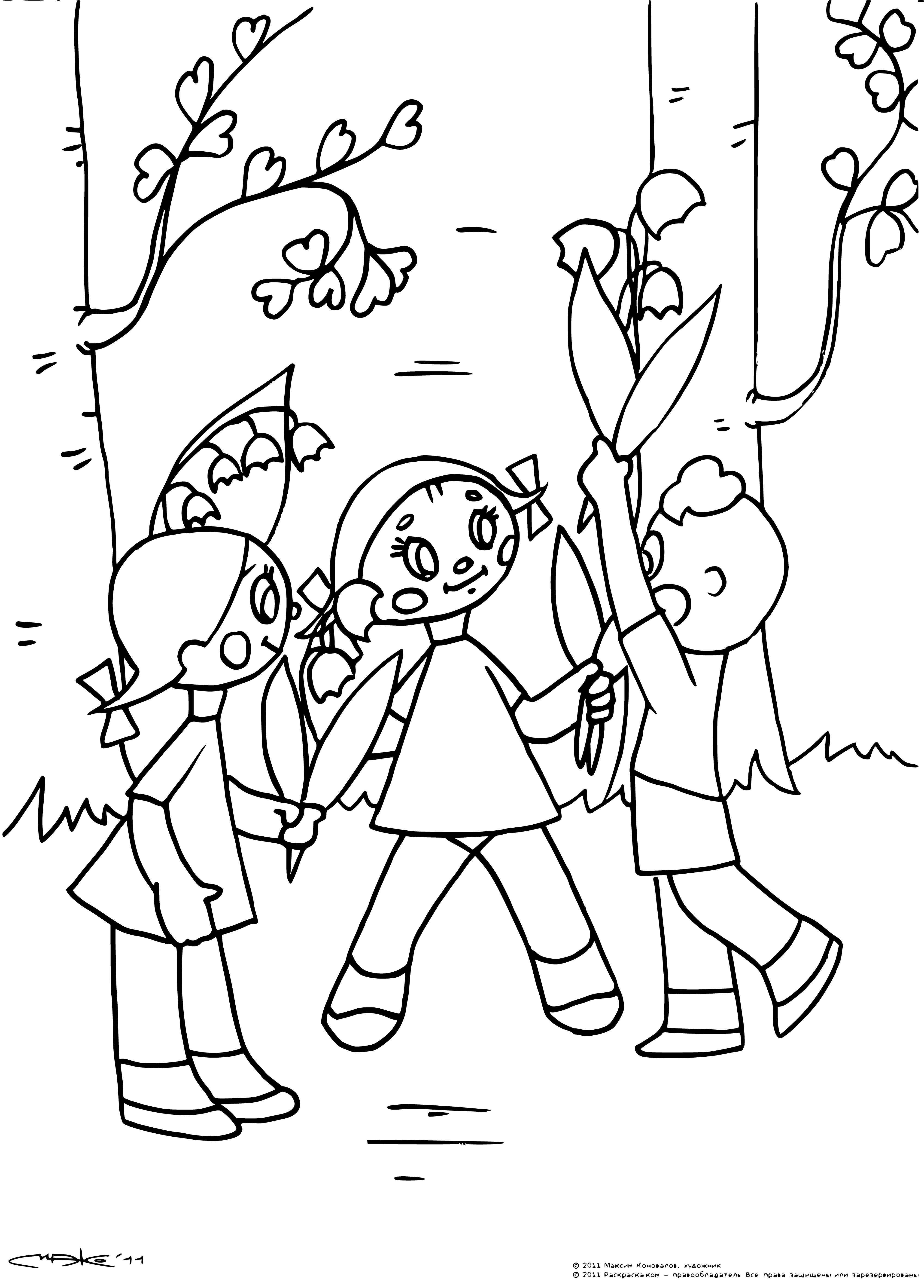 coloring page: Old loco surrounded by happy kids in the woods. Small girl sitting watching them. Ivy covers the loco.