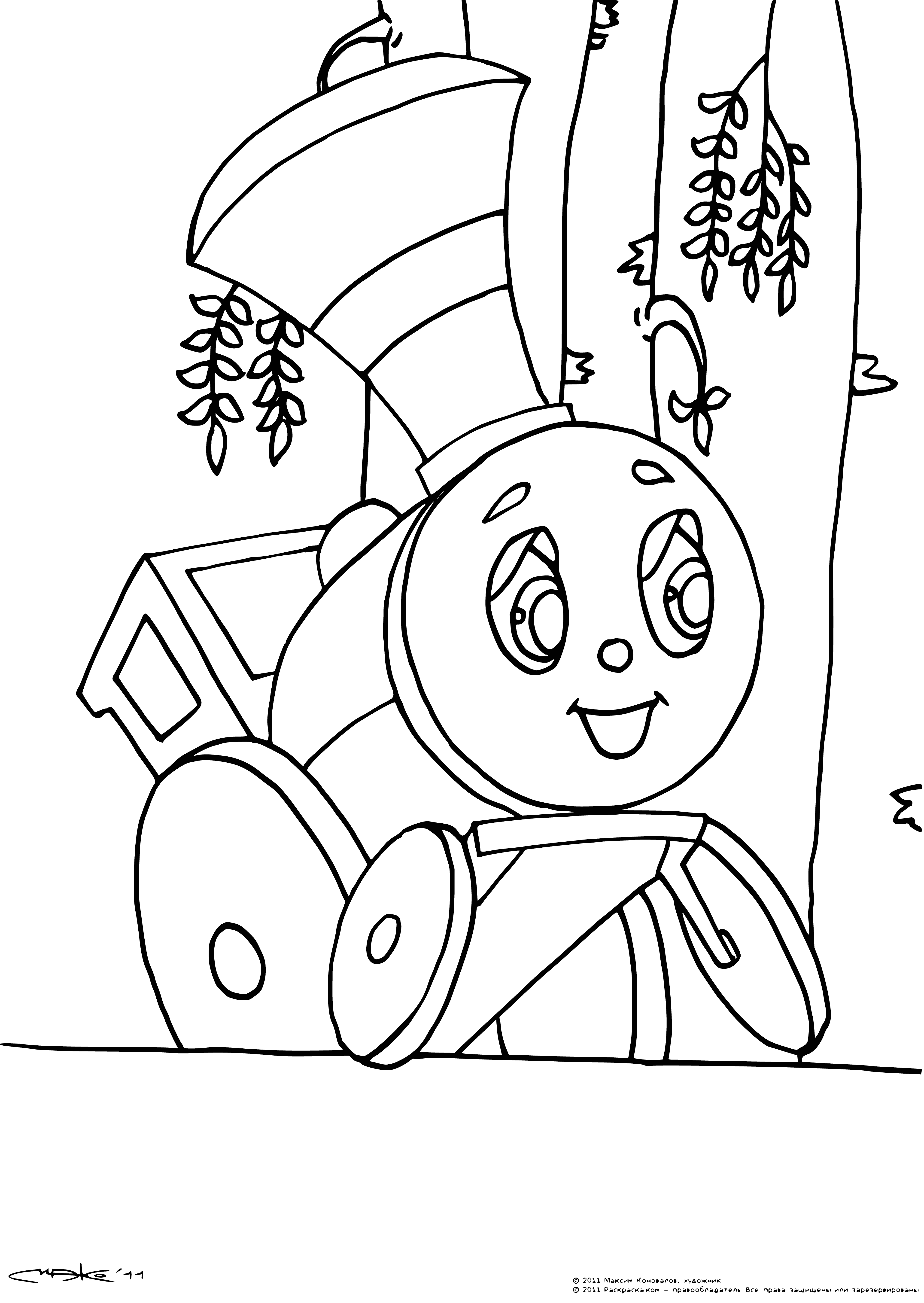 coloring page: Romashkovo locomotive rests on a track in grass. Old and rusty.