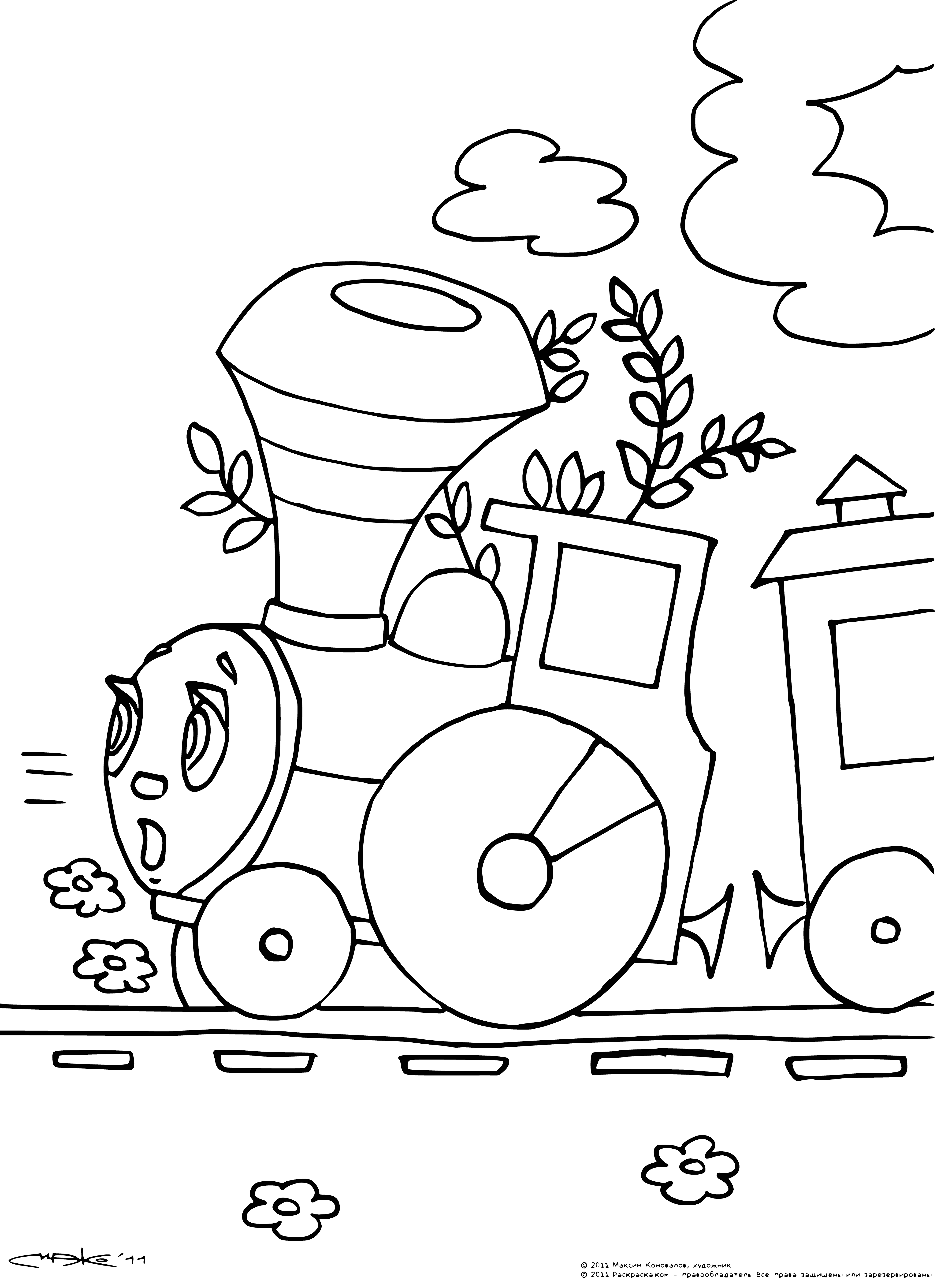 coloring page: Locomotive from Romashkovo, large & black w/ many windows, pulling a large, long train w/ many cars.