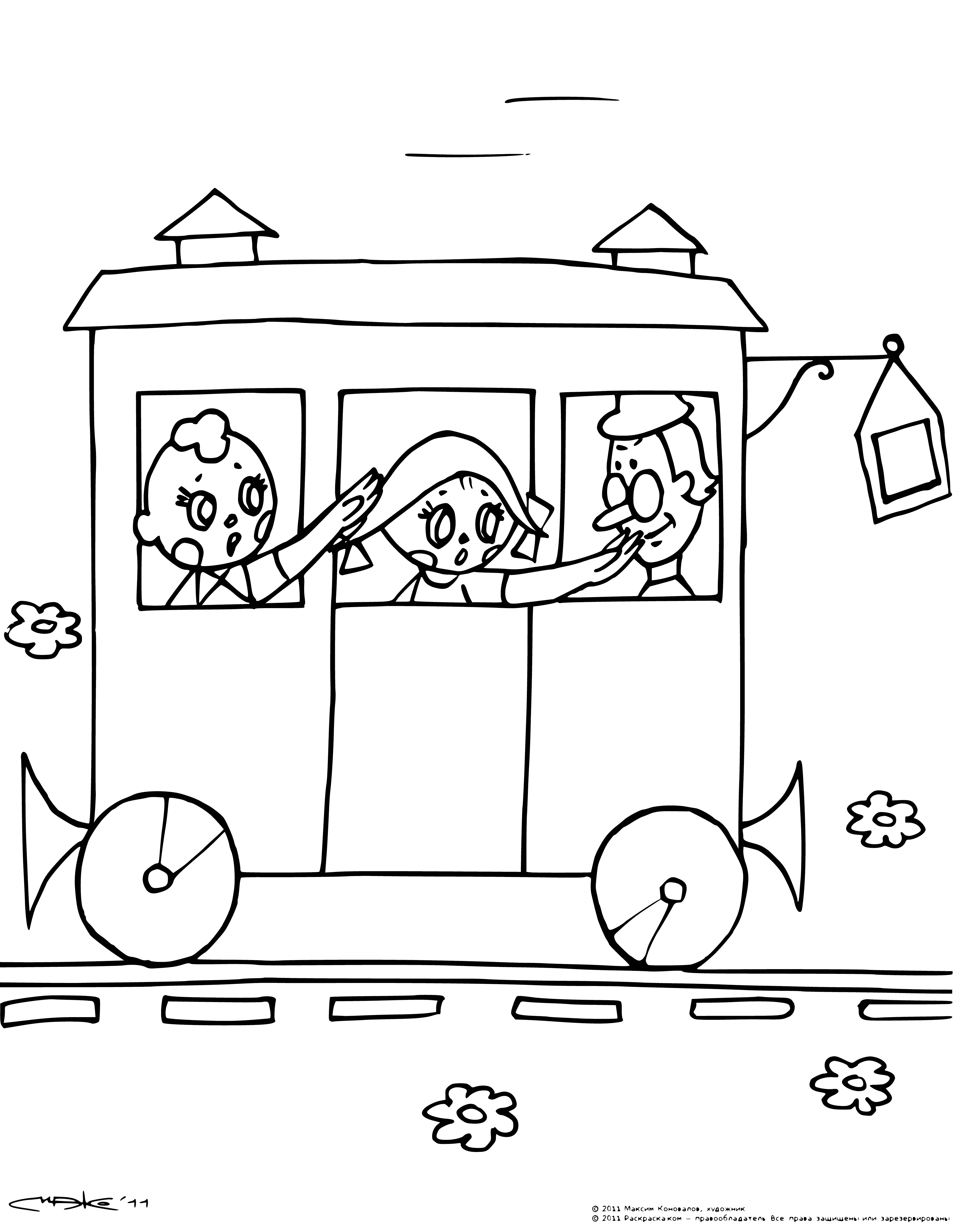 coloring page: Colorful coloring page of a train from Romashkovo with children on board.