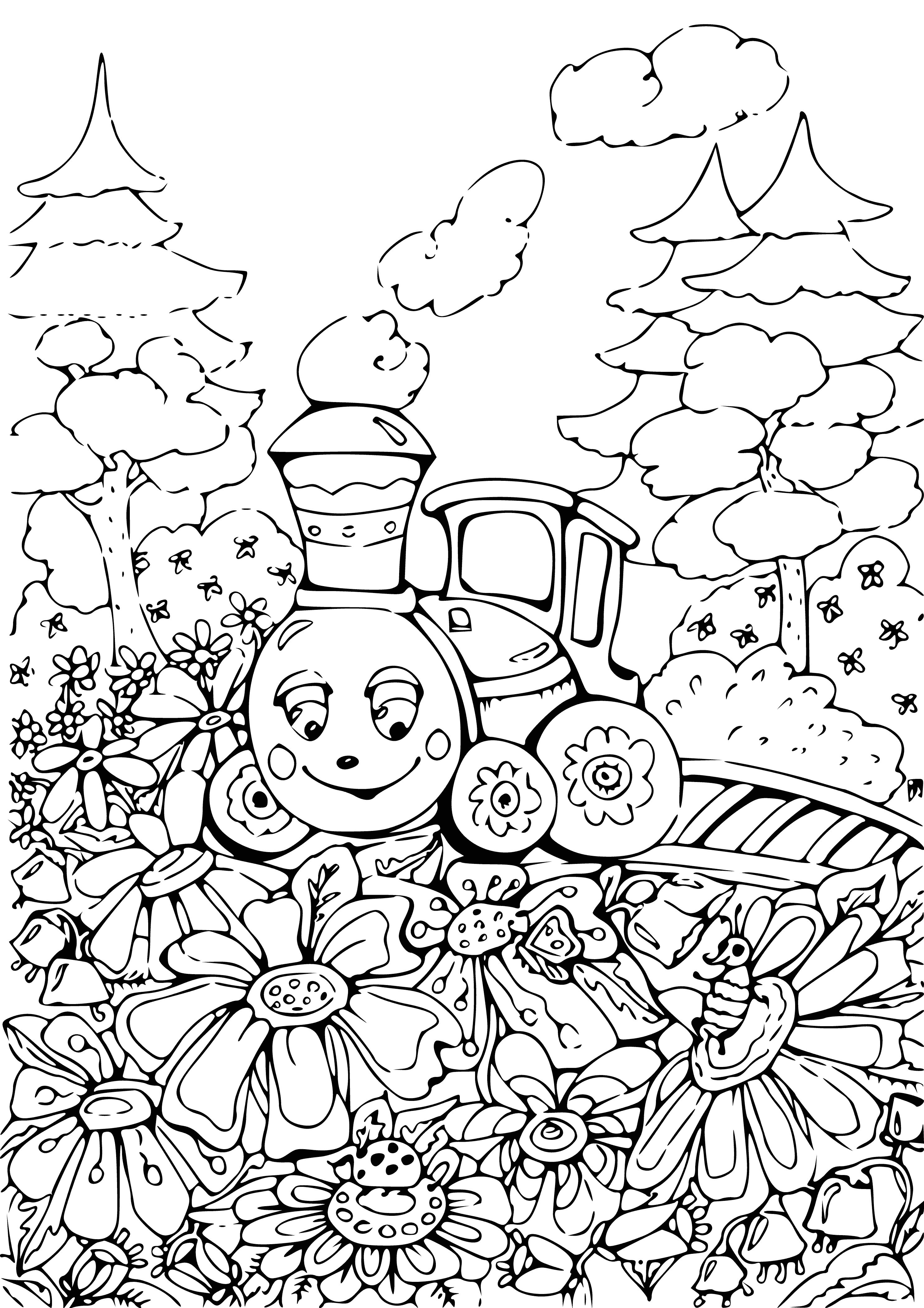 coloring page: An old-fashioned locomotive, black with 6 wheels, a smokestack & light pulling a few cars, people on the platform. #romashkovolocomotive