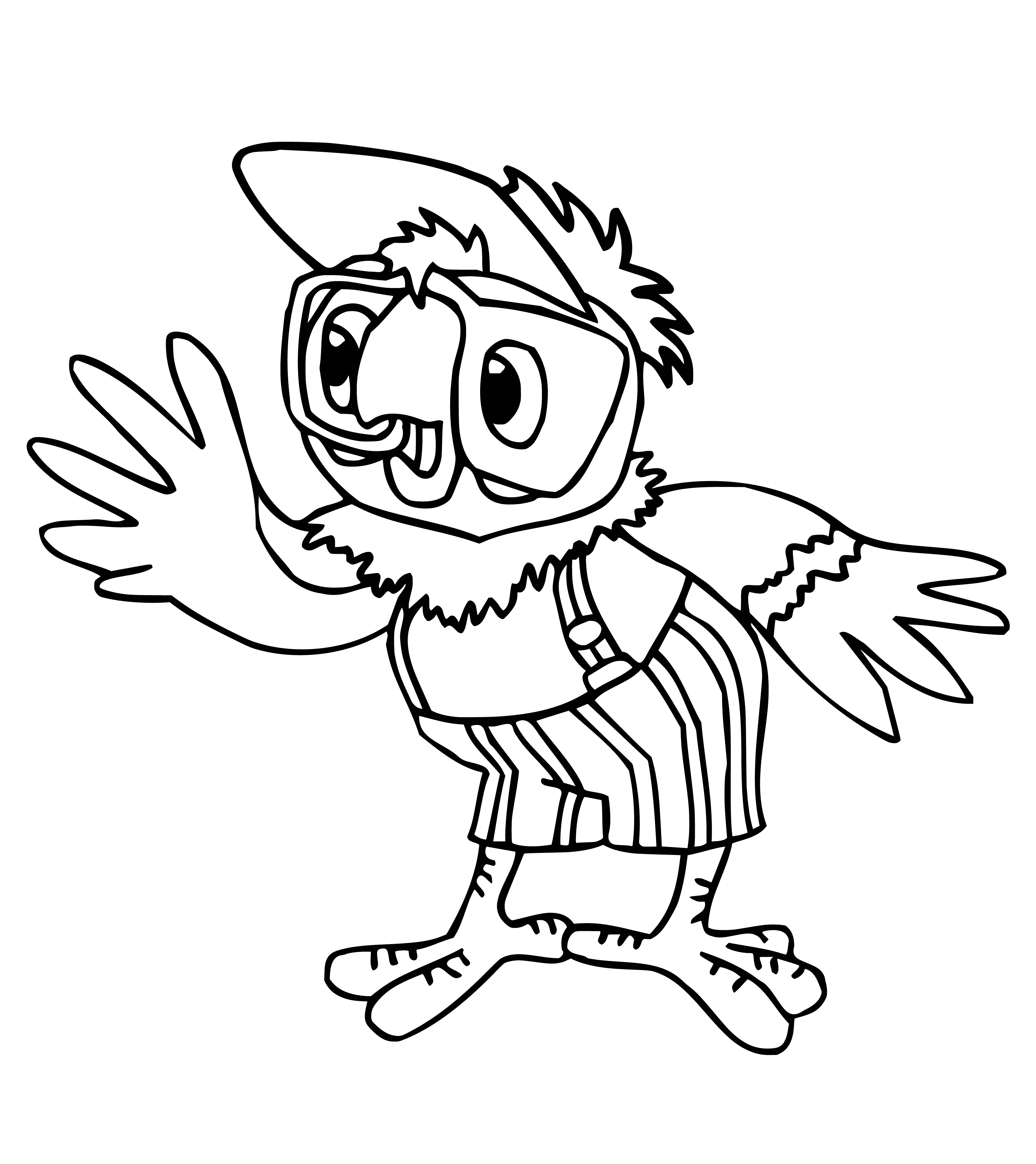 coloring page: Man holds happy parrot, its head tilted towards him, against backdrop of blue sky, green trees.