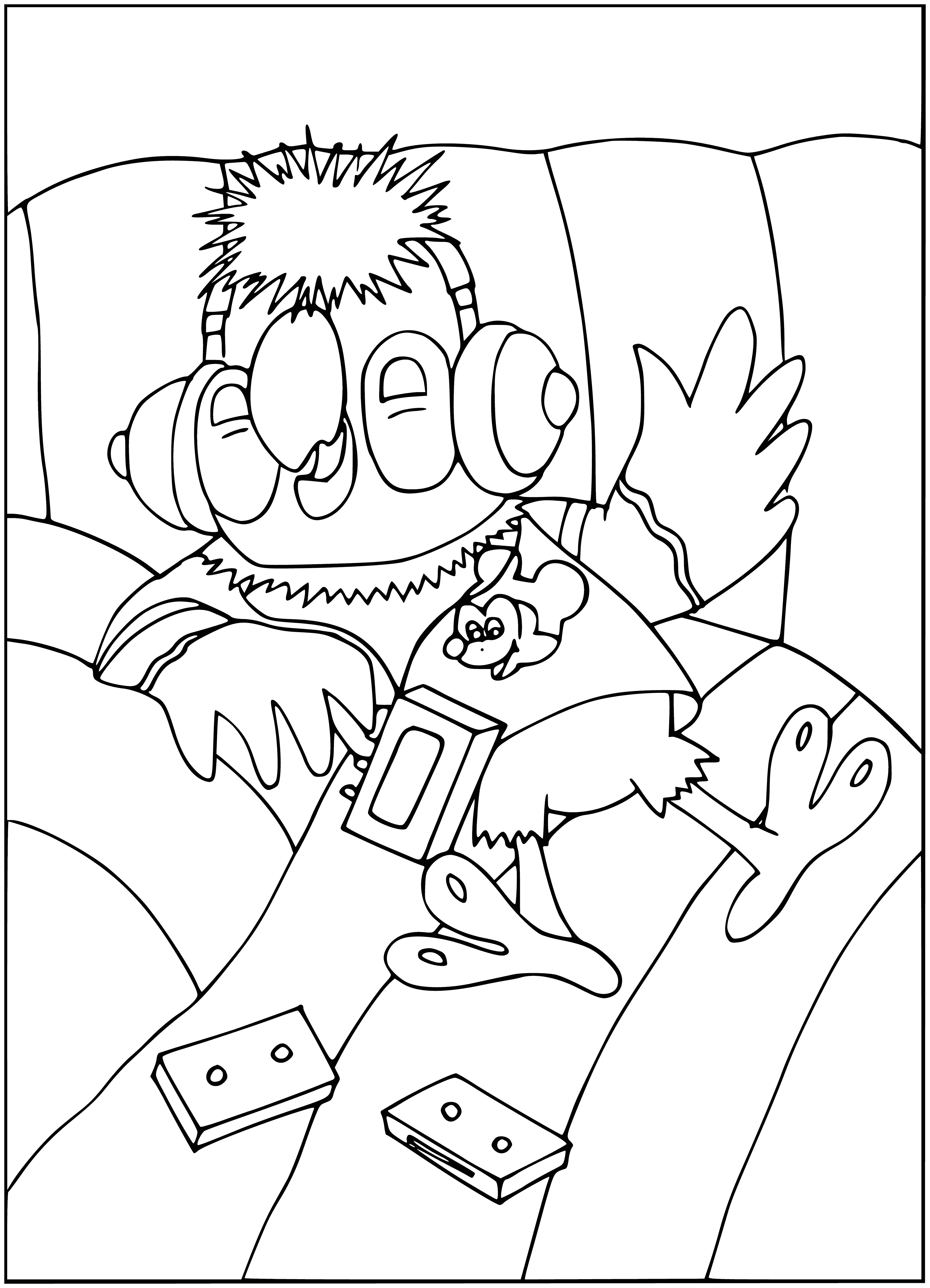 coloring page: A parrot perched with one foot in a toilet in a blue bathroom looks at camera - background has blue shower curtain.