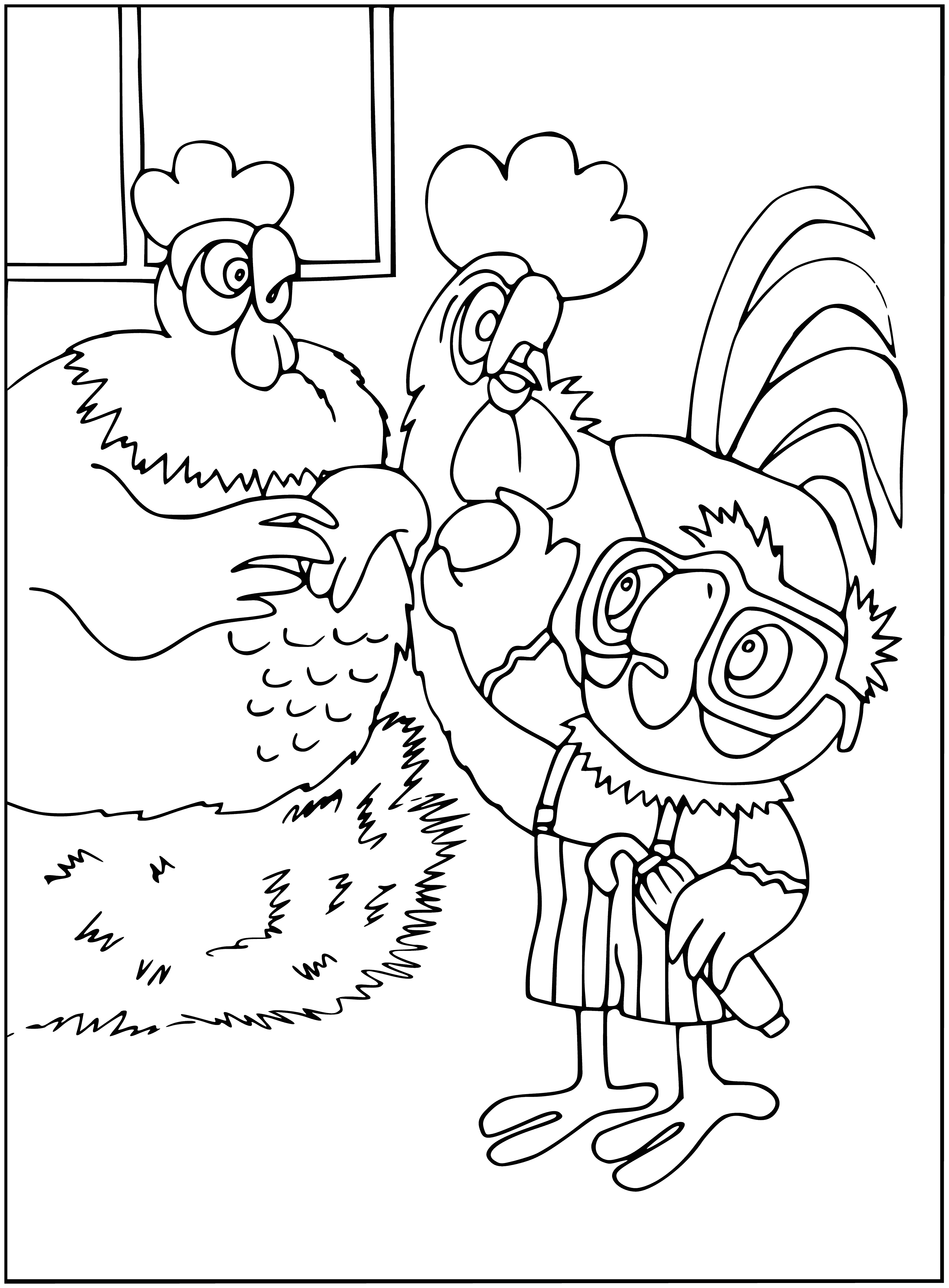 coloring page: A colorful parrot is perched atop a chicken coop surrounded by a flock of chickens, all listening to the parrot. On the left, a chicken stands on a stool for a better view.