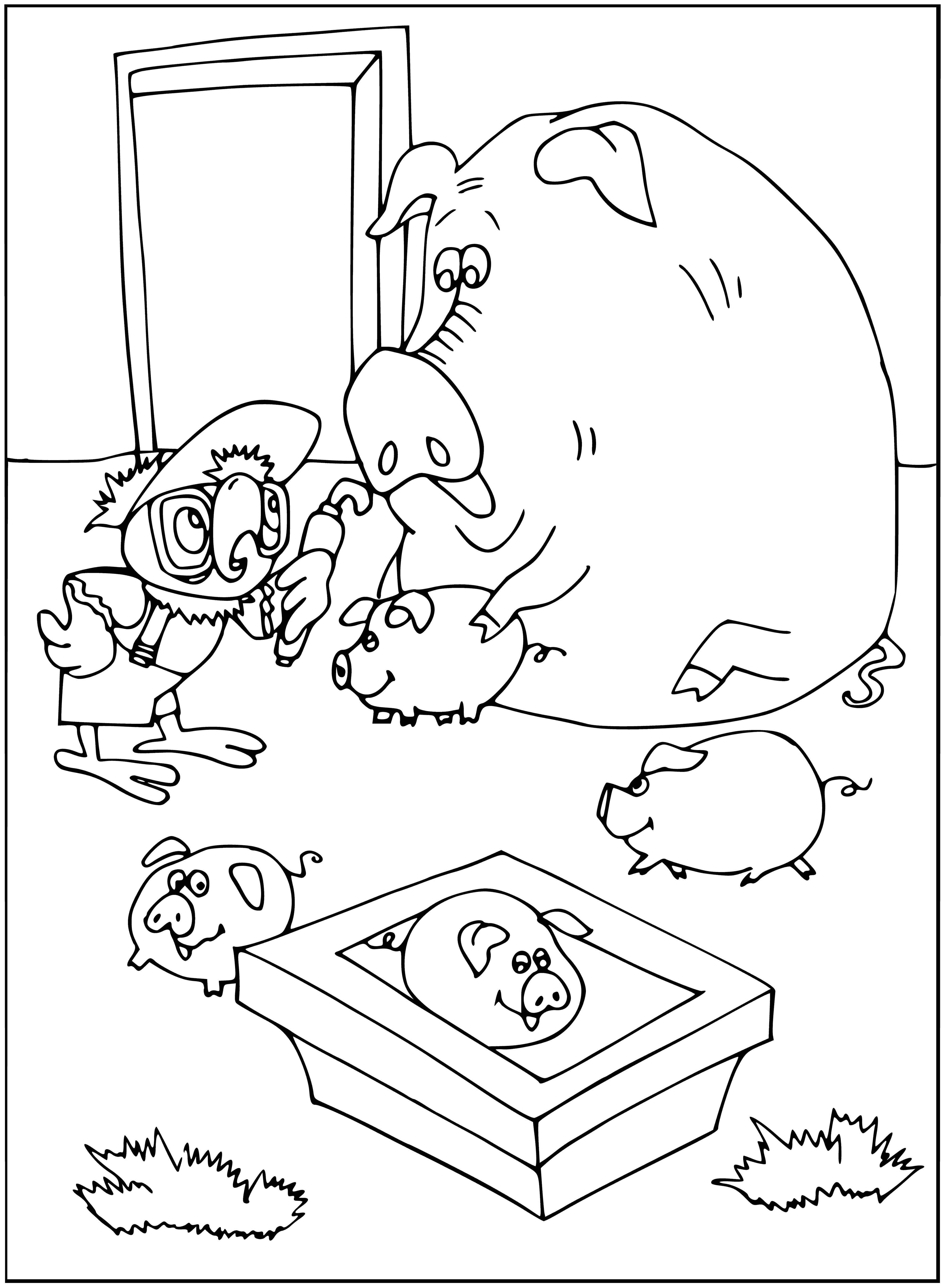coloring page: Farmhouse in center, barn left, 3 sheep, chicken coop right & mountains in the distance – a peaceful country scene. #coloringpages