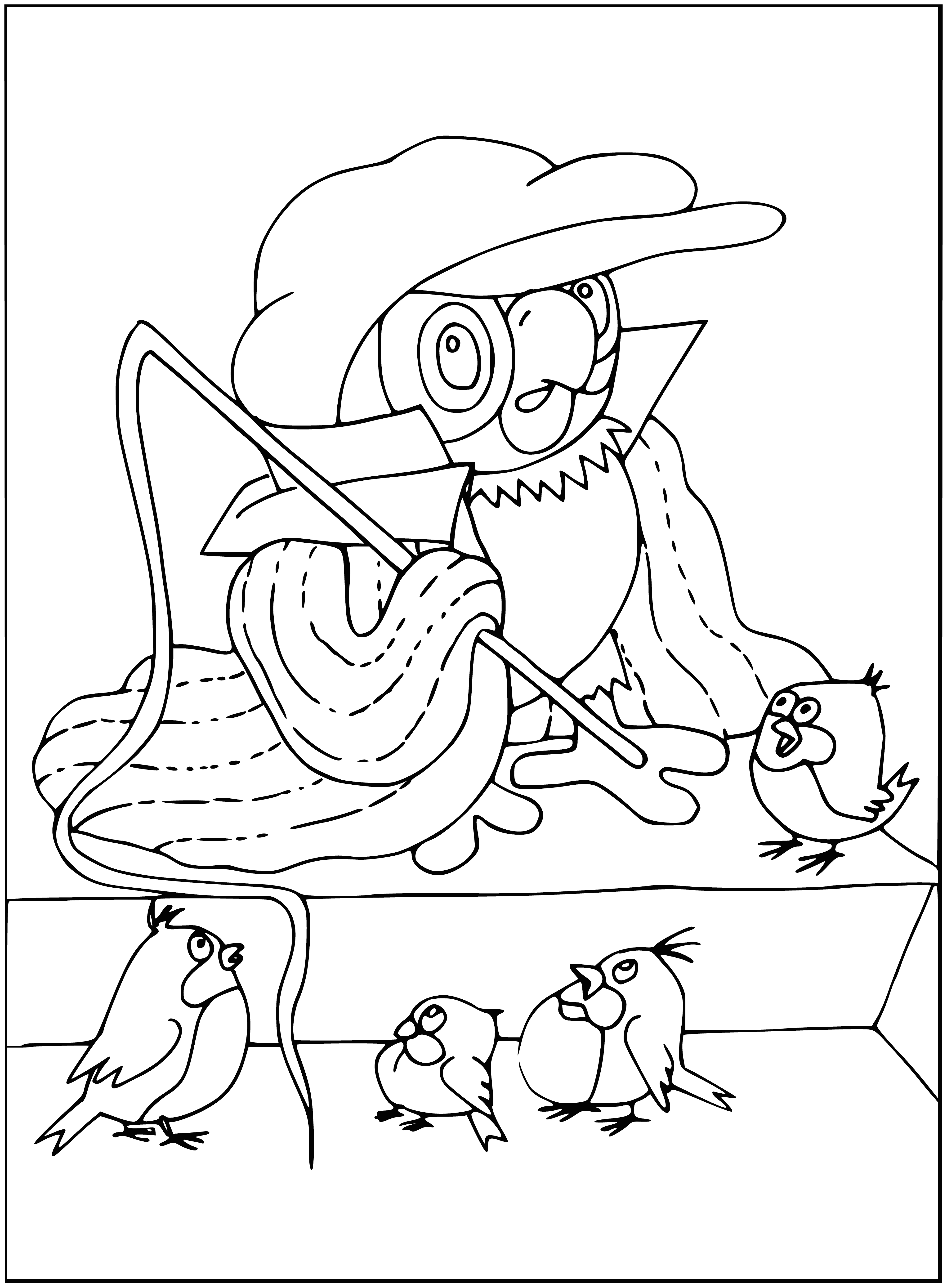 coloring page: Kesha welcomes back a lost parrot with a basket of eggs, standing in front of her farm's barn with a horse & chicken coop.