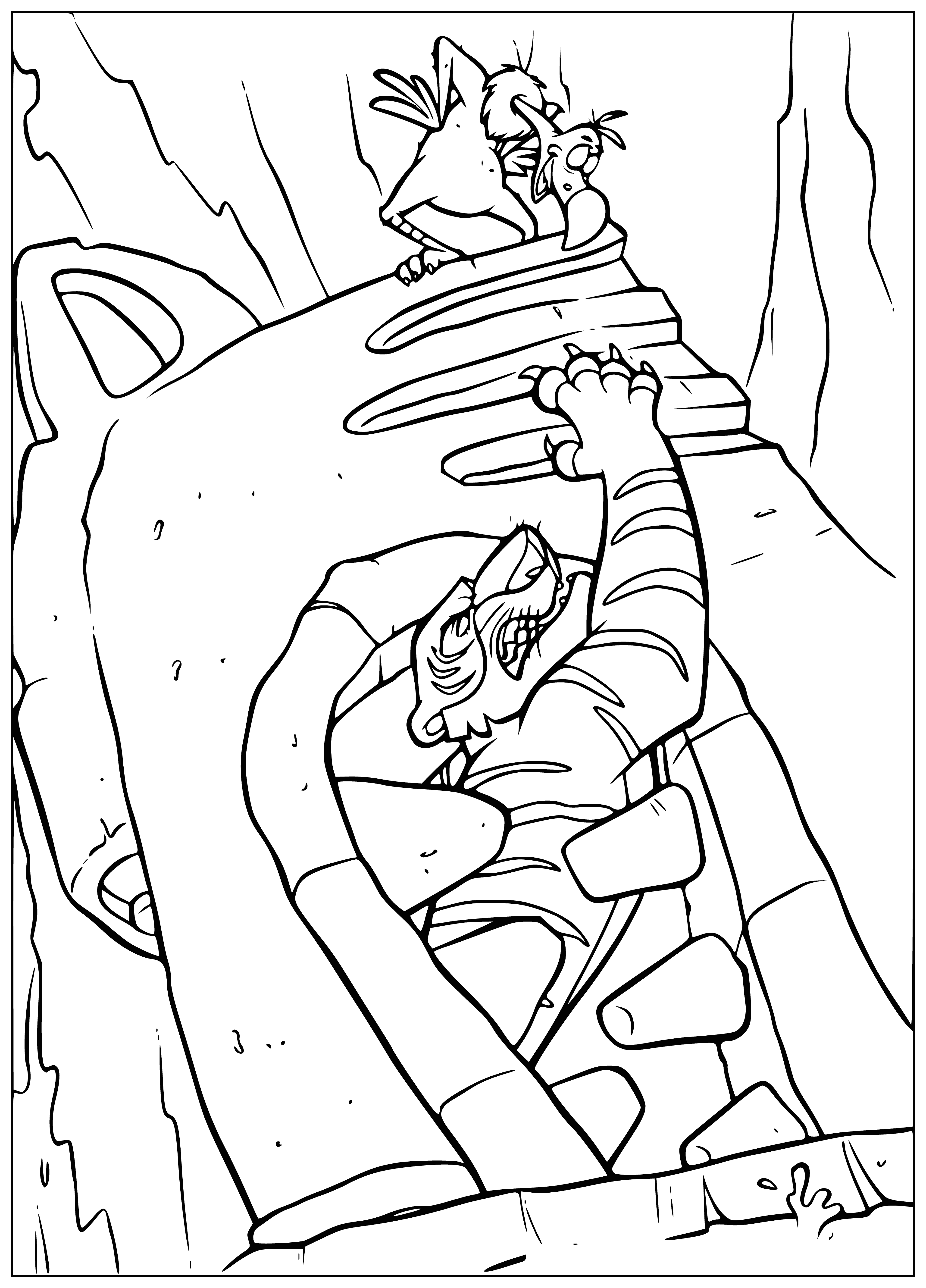 coloring page: Mowgli & friends swing in jungle, river below filled with crocodiles, distant temple ruin in sight.