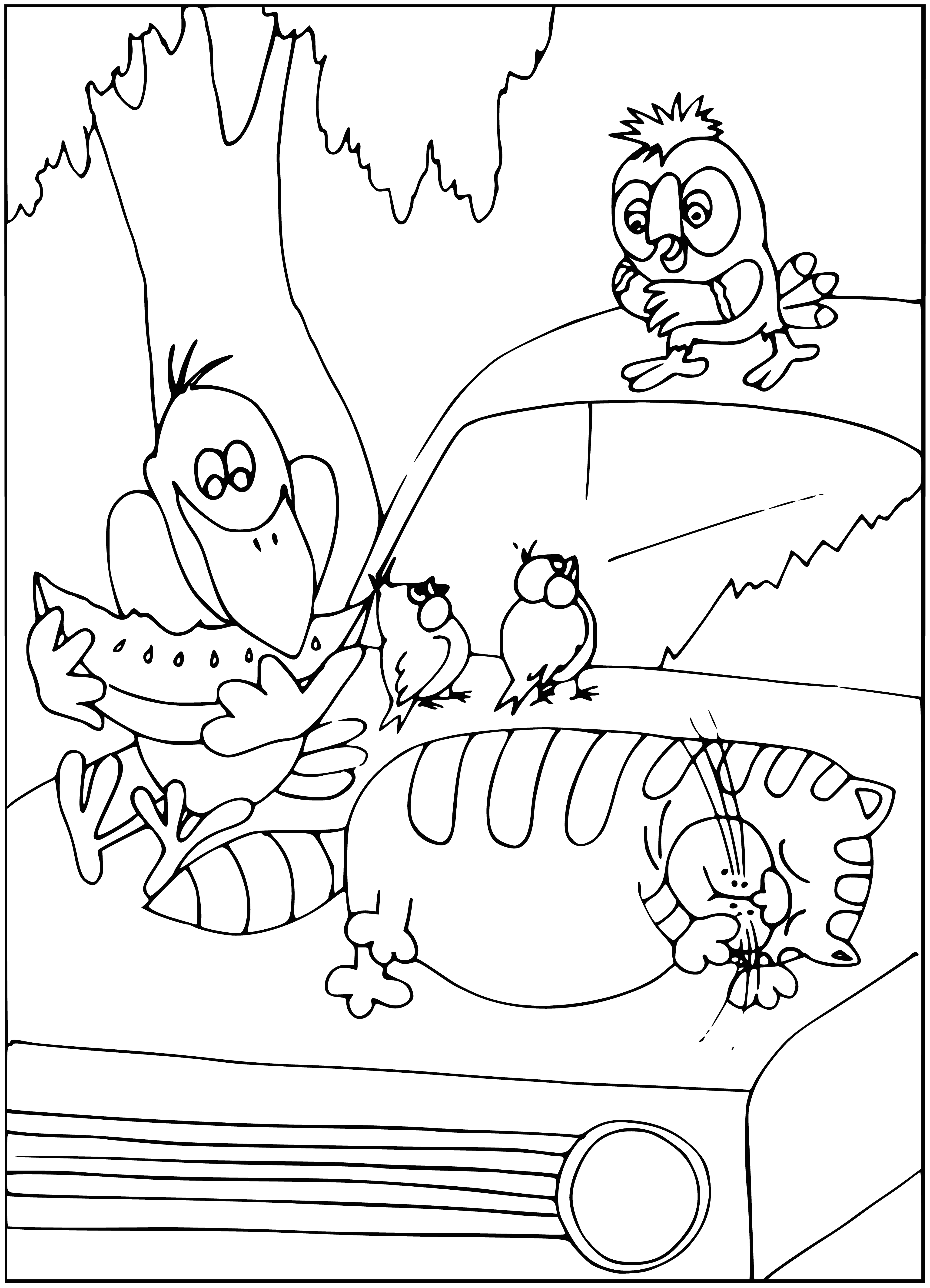 coloring page: A blue & yellow parrot looks over its shoulder at a red & green parrot flying back.