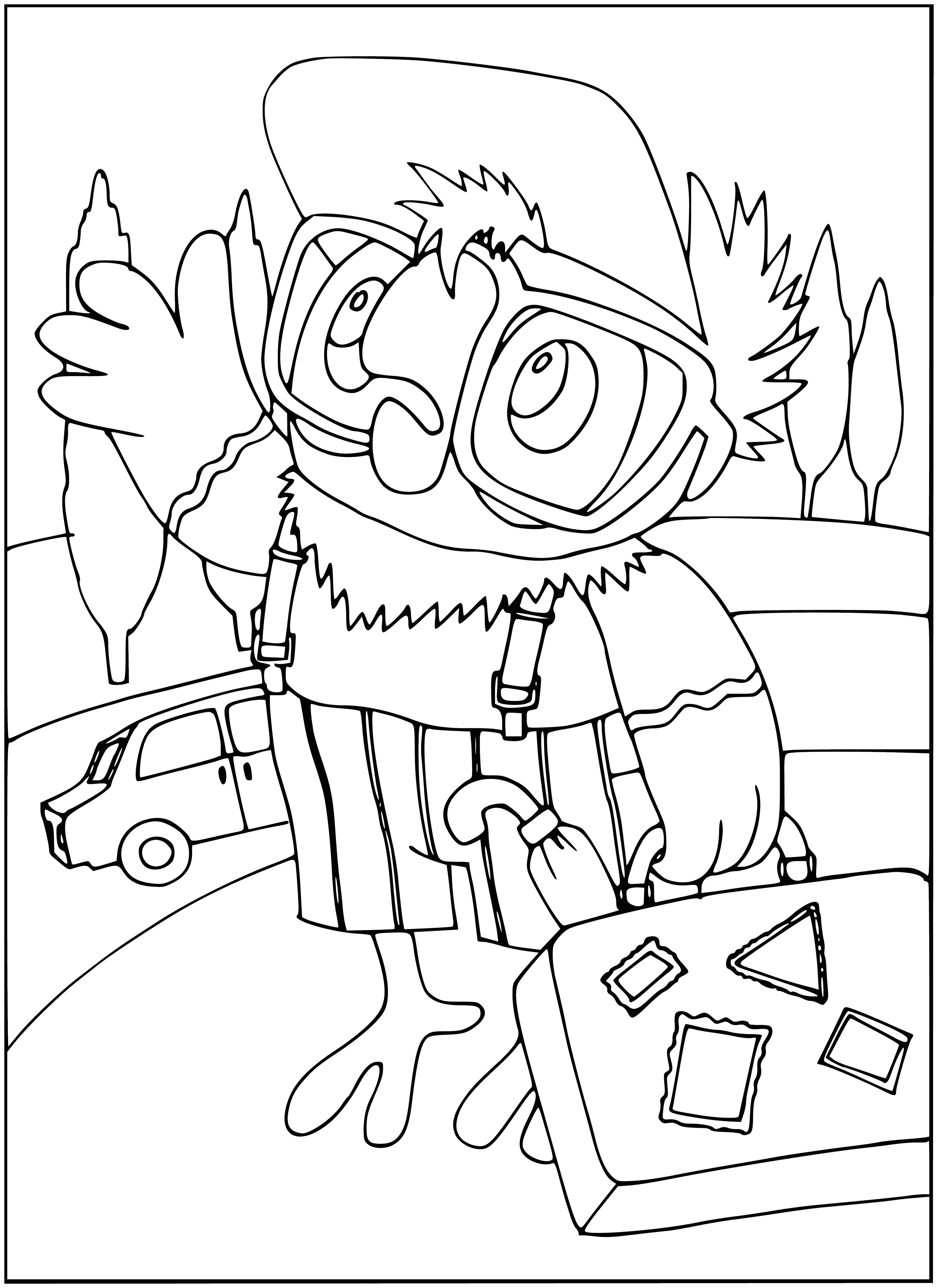 coloring page: A large bird with yellow beak, red collar, bell, sits on white perch with two green leaves in front of green background.