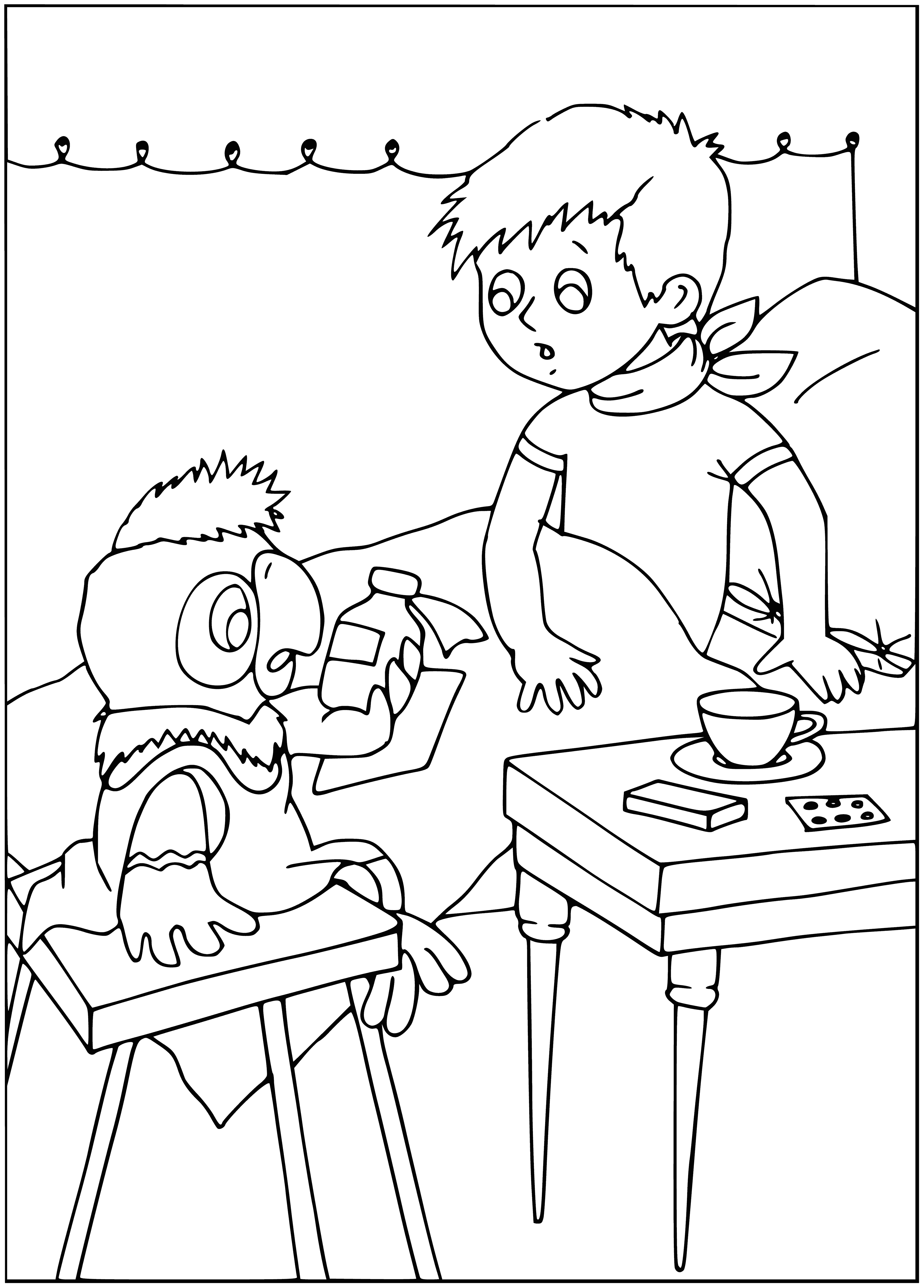 coloring page: Man, woman, parrot and cat all looking at each other.