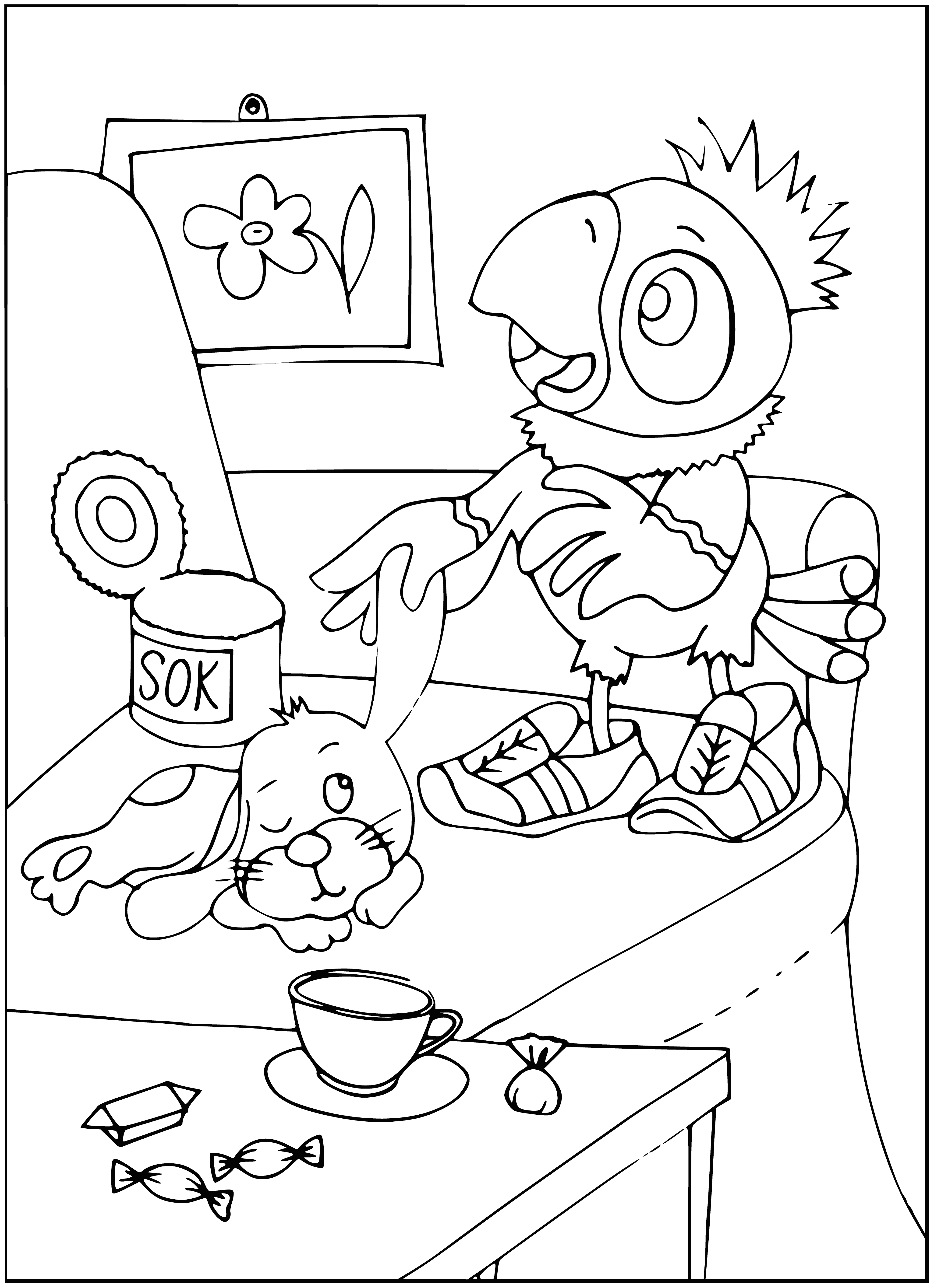 coloring page: Parrot and pup friends: Kesha and pup stand together with wings and paw outstretched.