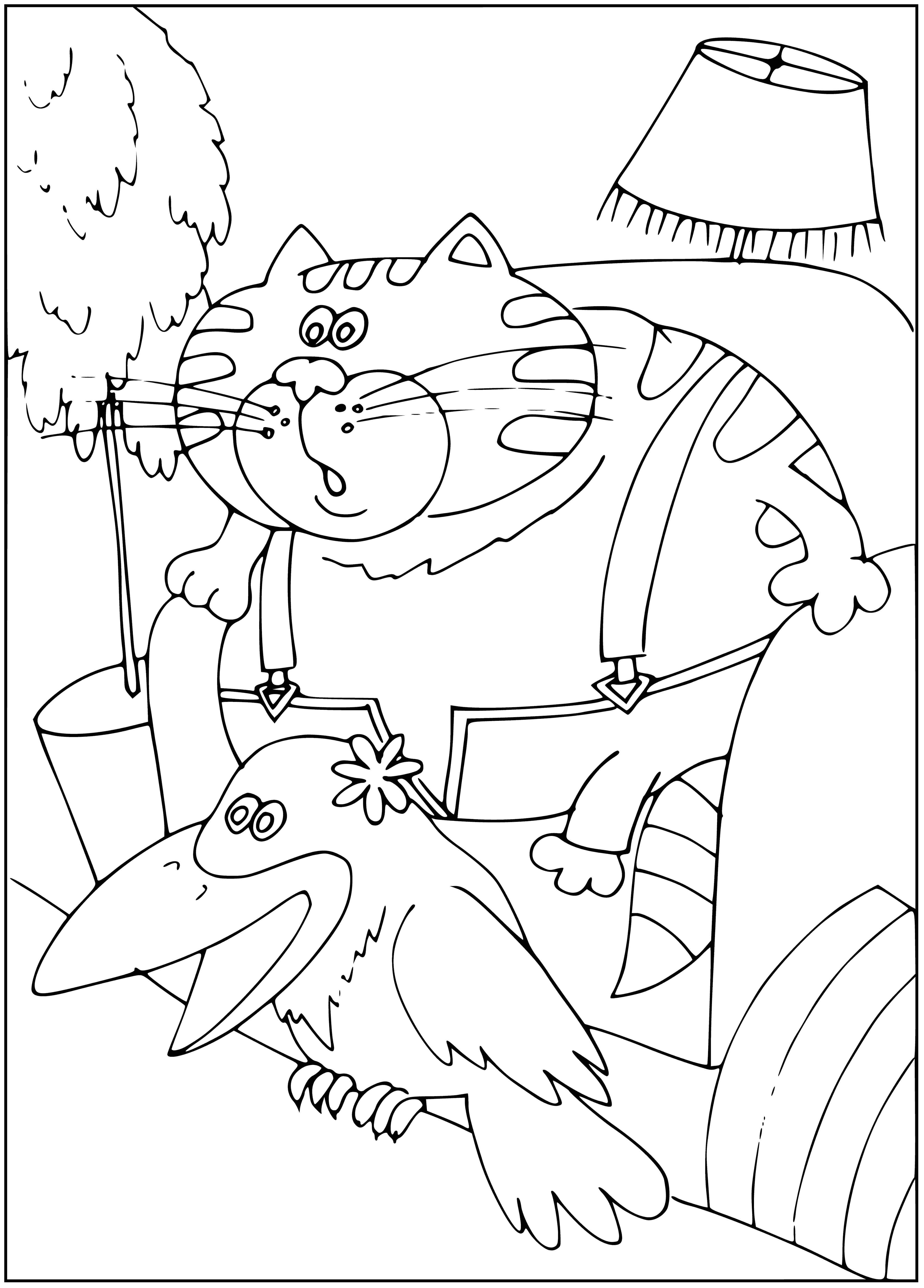 coloring page: A crow and a cat sit on a fence, smiling playfully. The crow waits with head tilted, and the cat's tail sways back and forth.