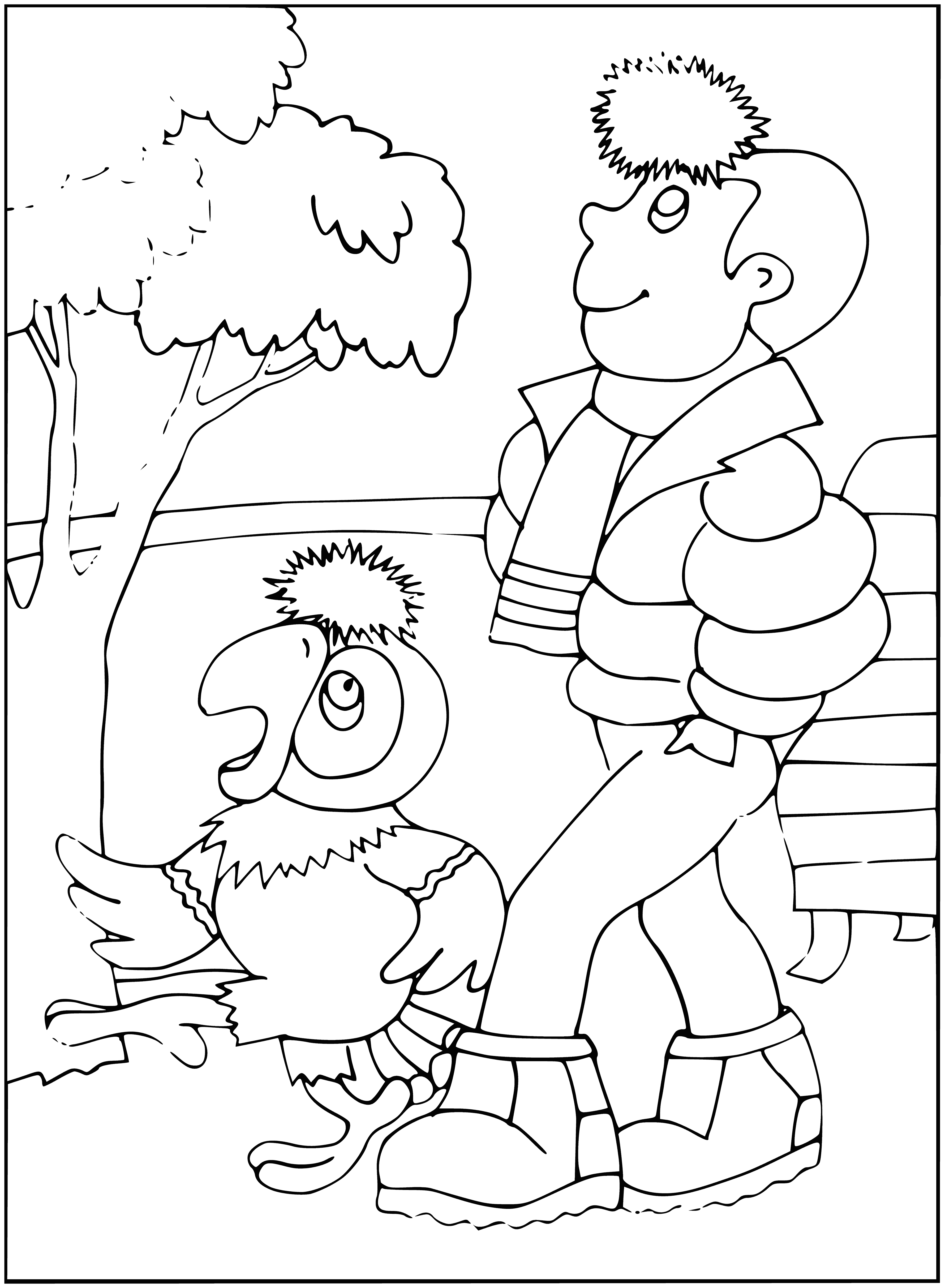 coloring page: A prodigal parrot is reunited with a new owner after soaring above a tranquil body of blue & green water.