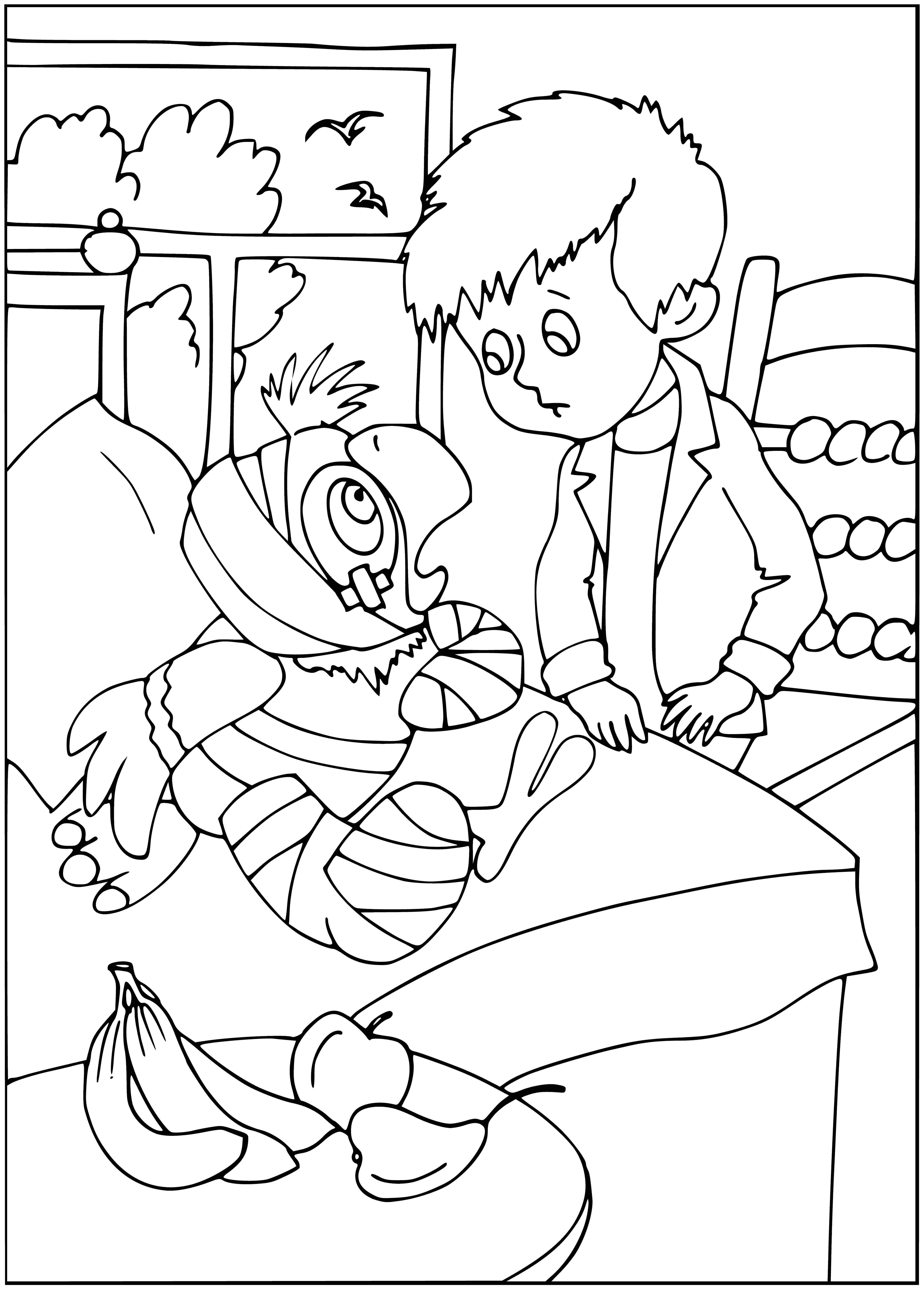 coloring page: Two parrots perch on a windowsill, content and happy in each other's company. Kesha has one wing outstretched, almost in a hug. #birdlove