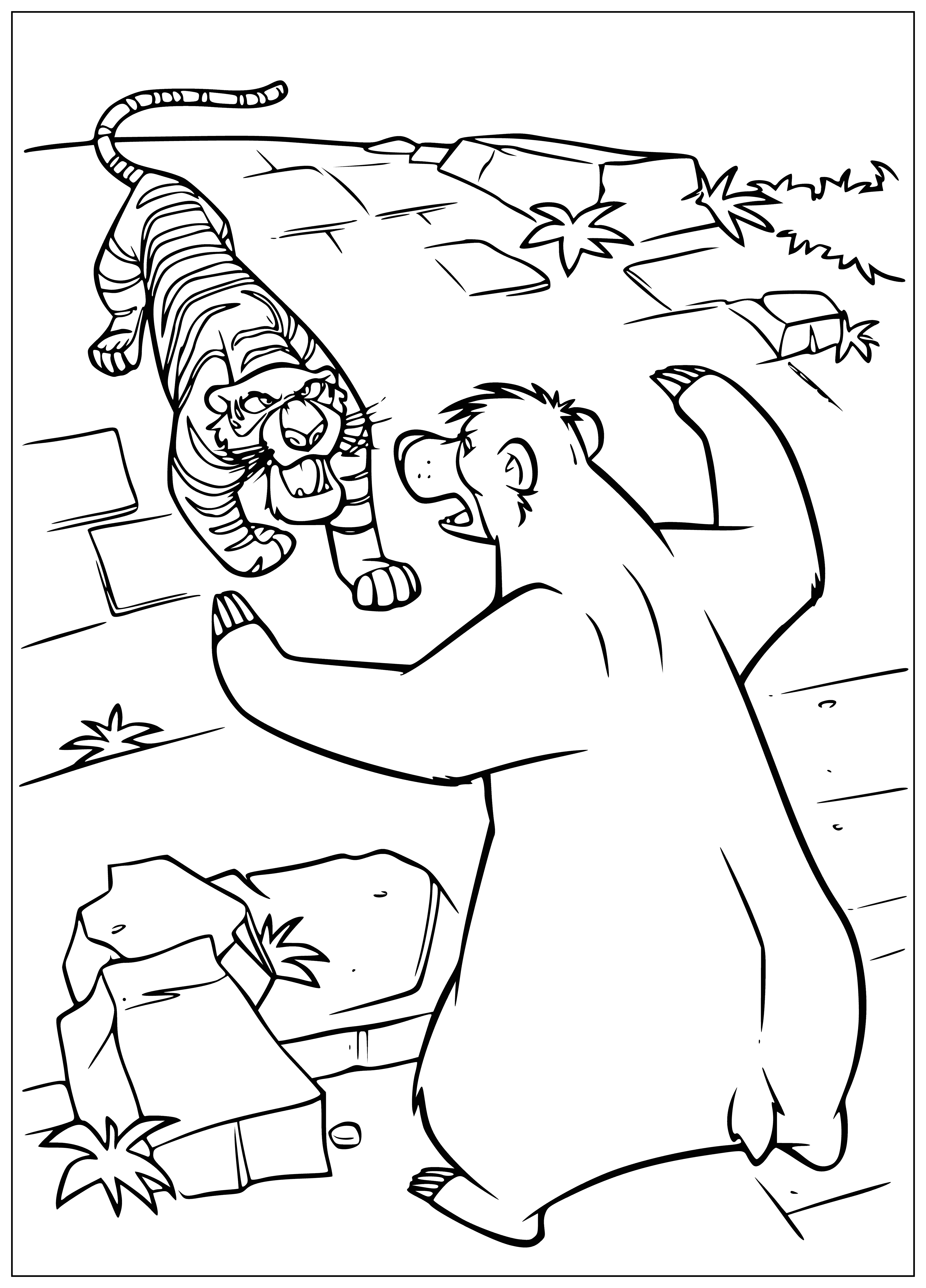 coloring page: Baloo & Shere Khan take a nap together in the jungle - Baloo on Shere Khan's head, both with satisfied smirks & closed eyes.