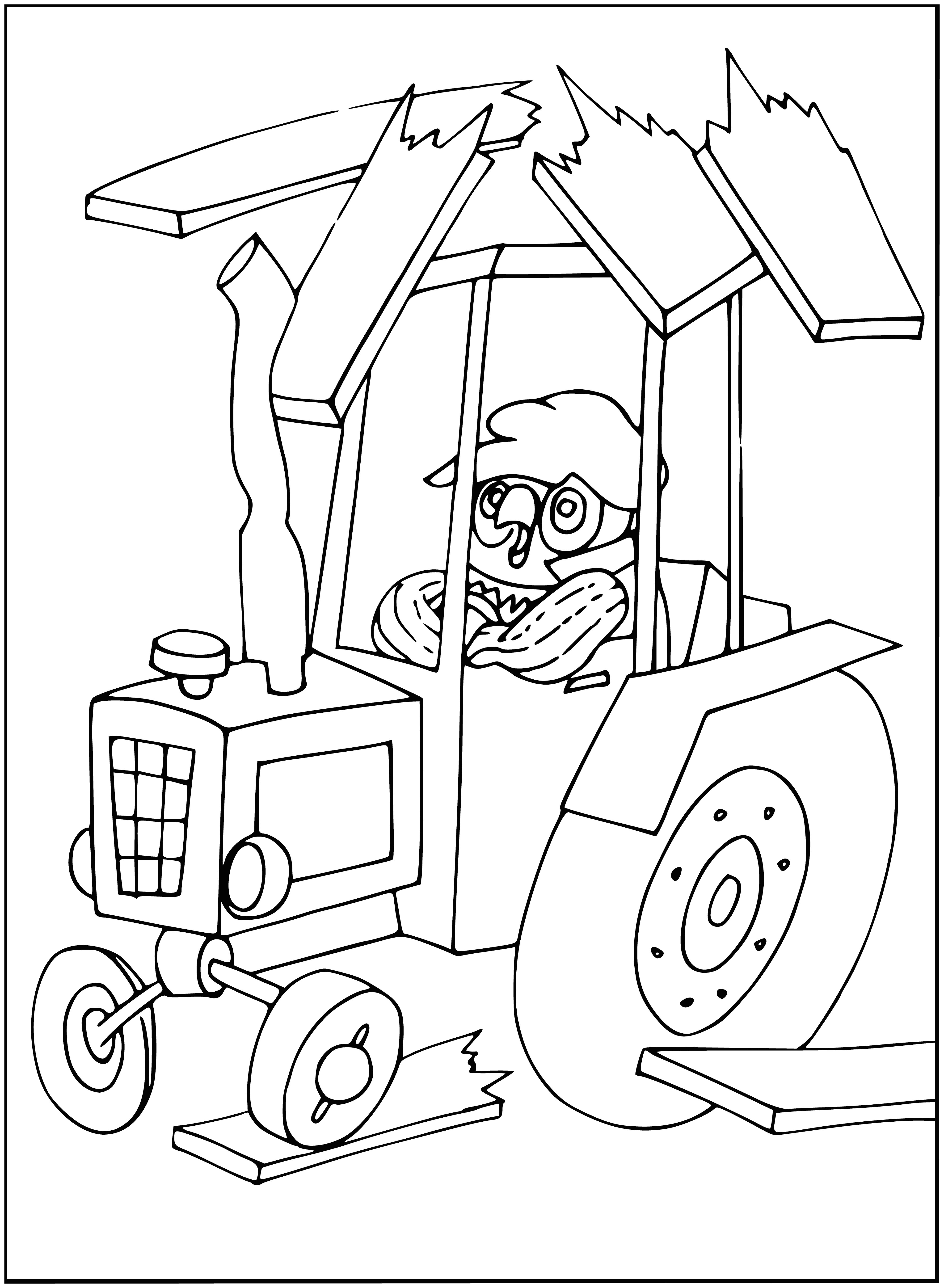 coloring page: Large tractor drives down dirt road w/ green fields, blue sky & clouds. It tows a red & white trailer w/ a yellow & green parrot holding a gold coin in its beak.