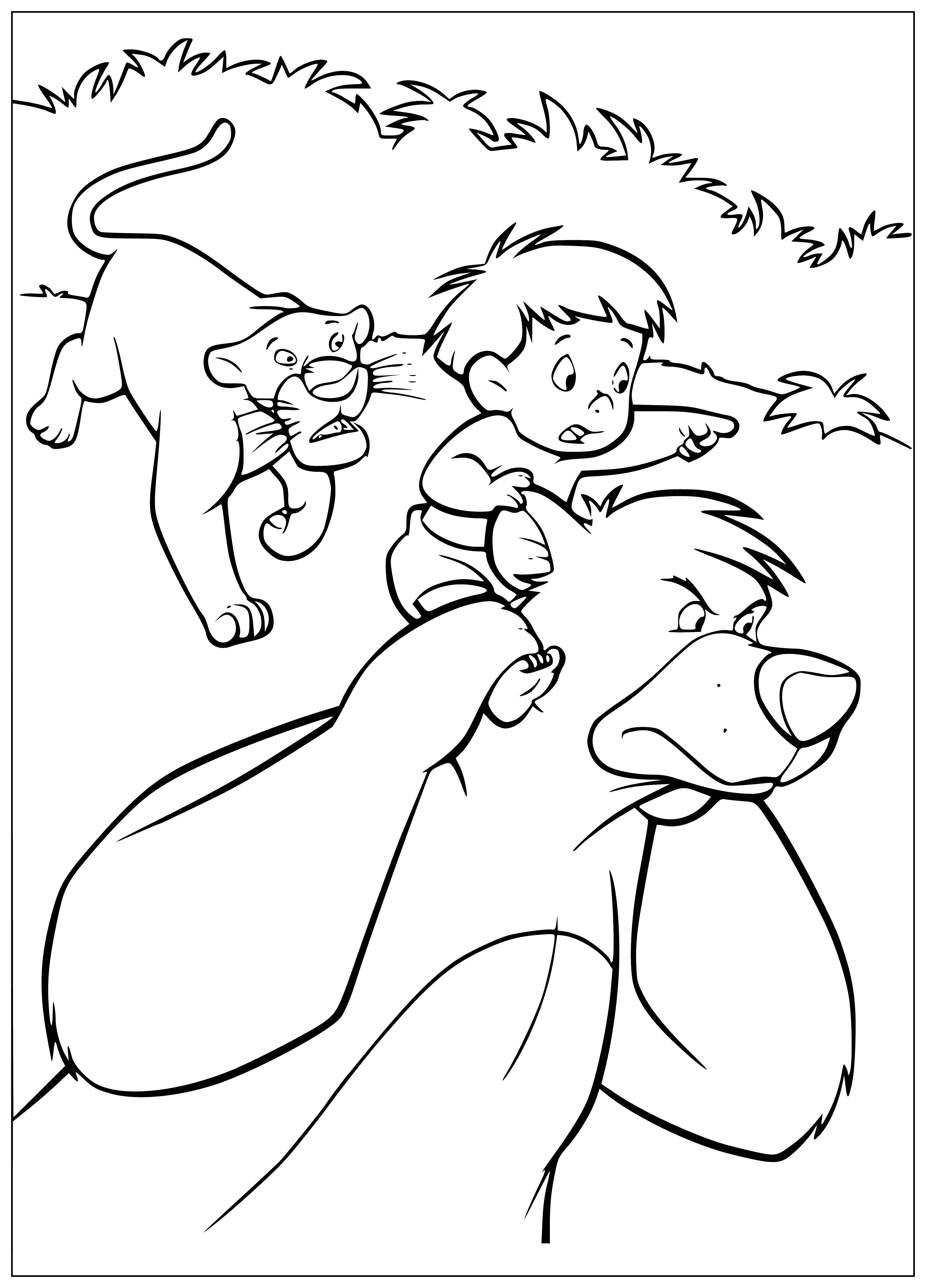 coloring page: Mowgli in danger surrounded by attacking animals - looks scared & ready to be attacked. #JungleBook
