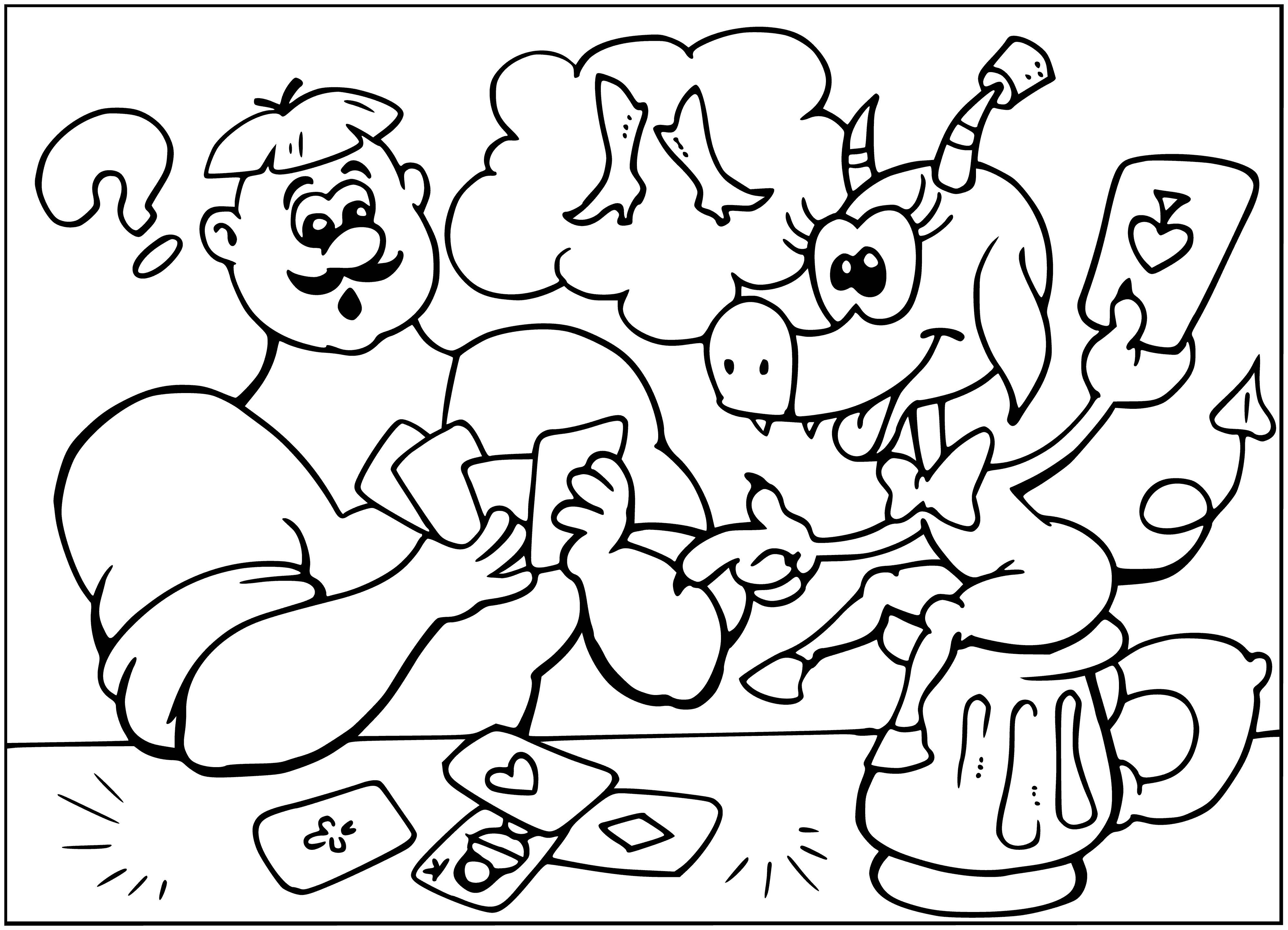 coloring page: Three Cossacks by a campfire in the woods, singing and chanting, playing a drum - creating an eerie atmosphere of something evil soon to come.