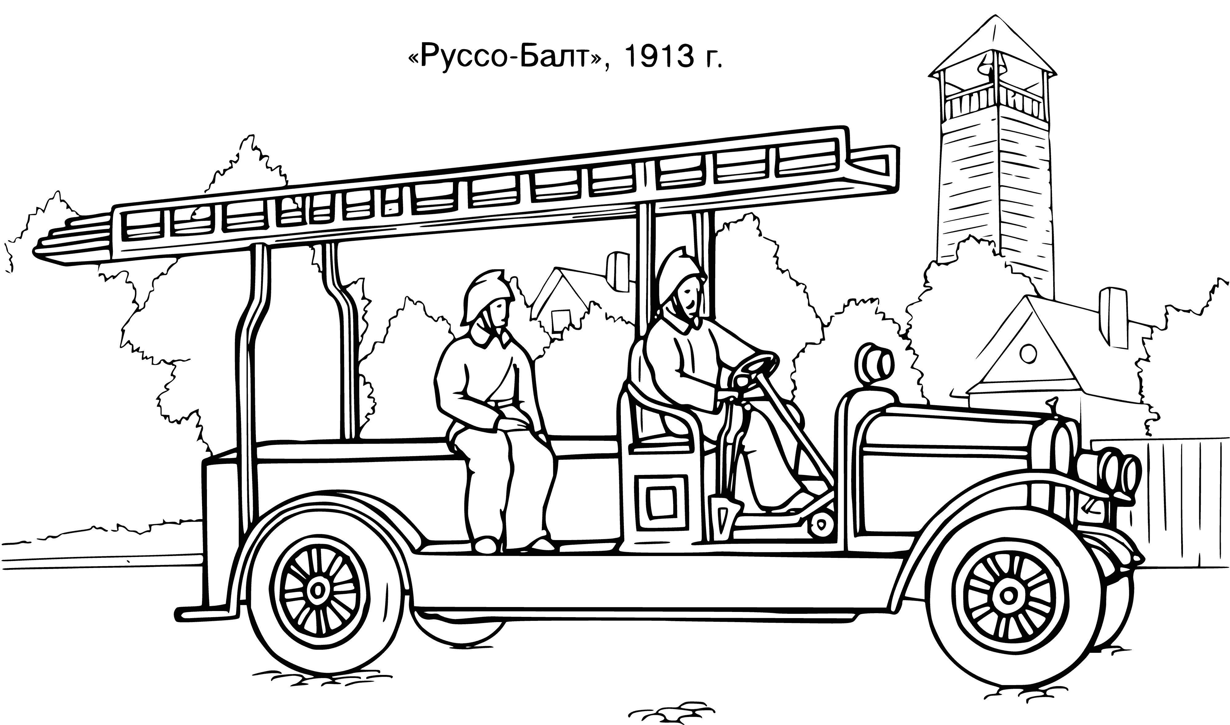 coloring page: Firefighters in bright yellow helmets drive a red truck w/ 6 wheel-ladder & hose down a city street. Siren blaring.