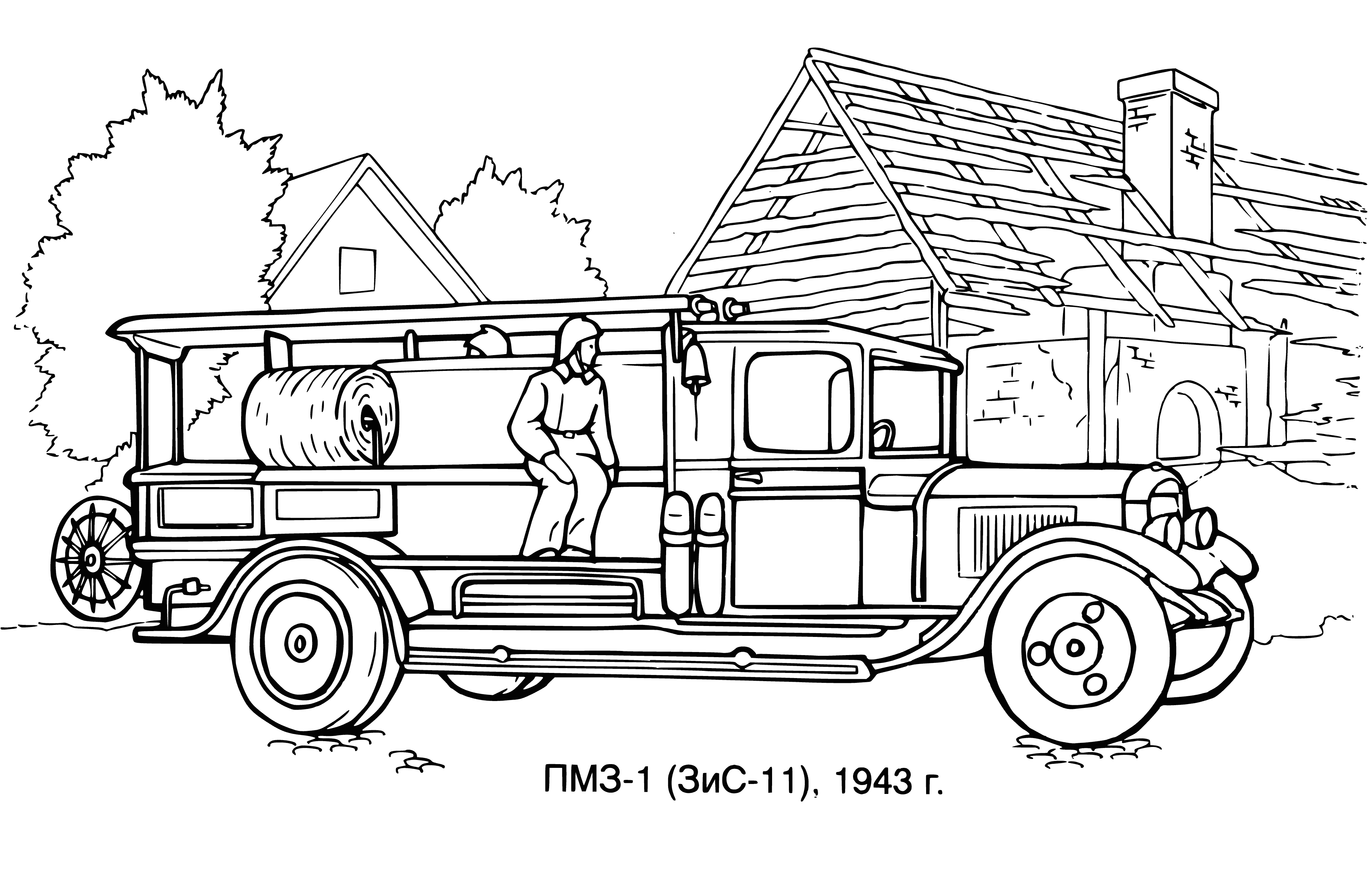 coloring page: Firefighters & police stand in front of big red fire engine with ladder. Firefighters wear red, police in blue uniforms. #Firefighters #Police