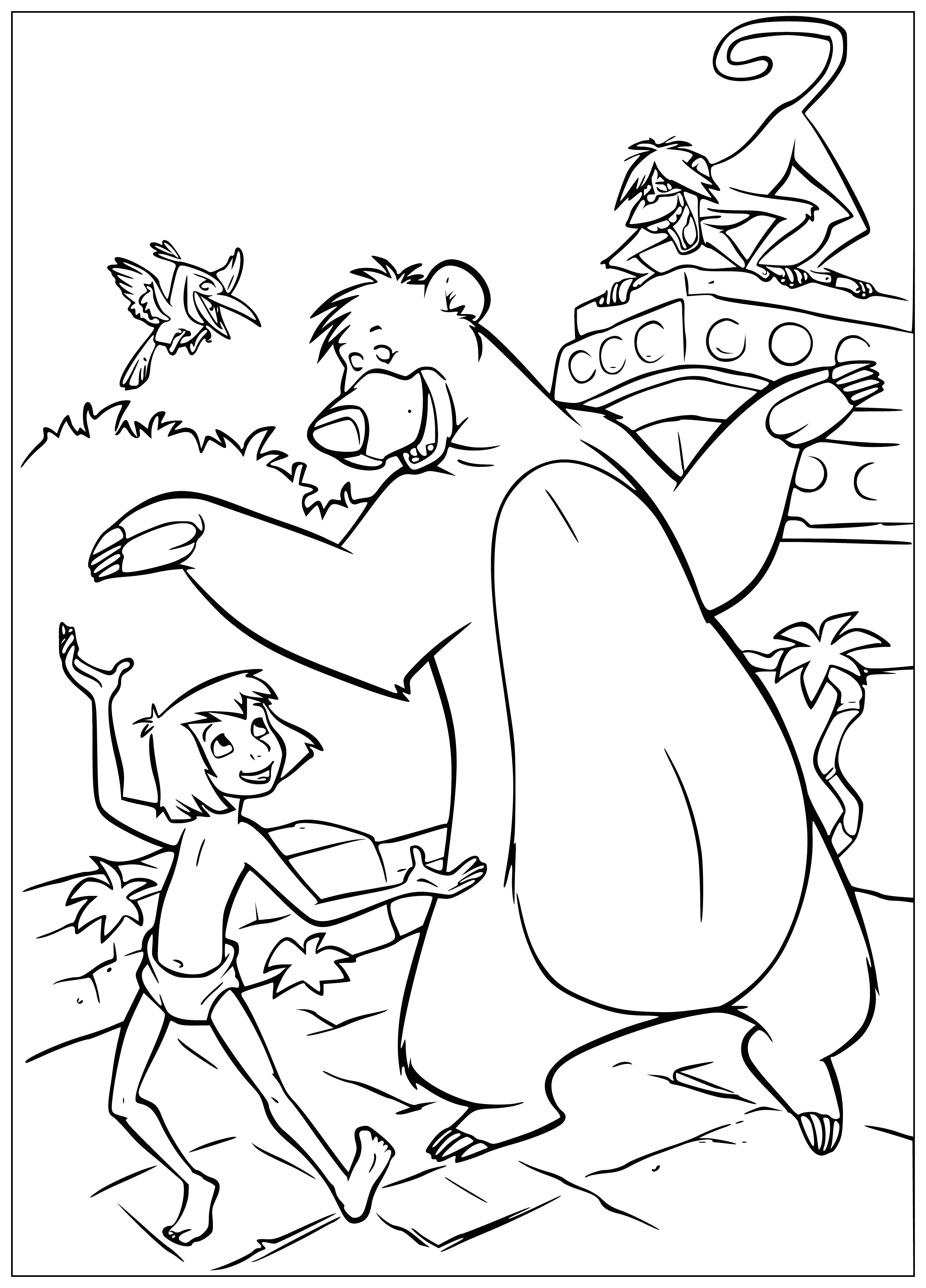 coloring page: Fun bear is dancing surrounded by a happy crew of animals; tigers, monkeys and elephants, clapping and cheering him on.