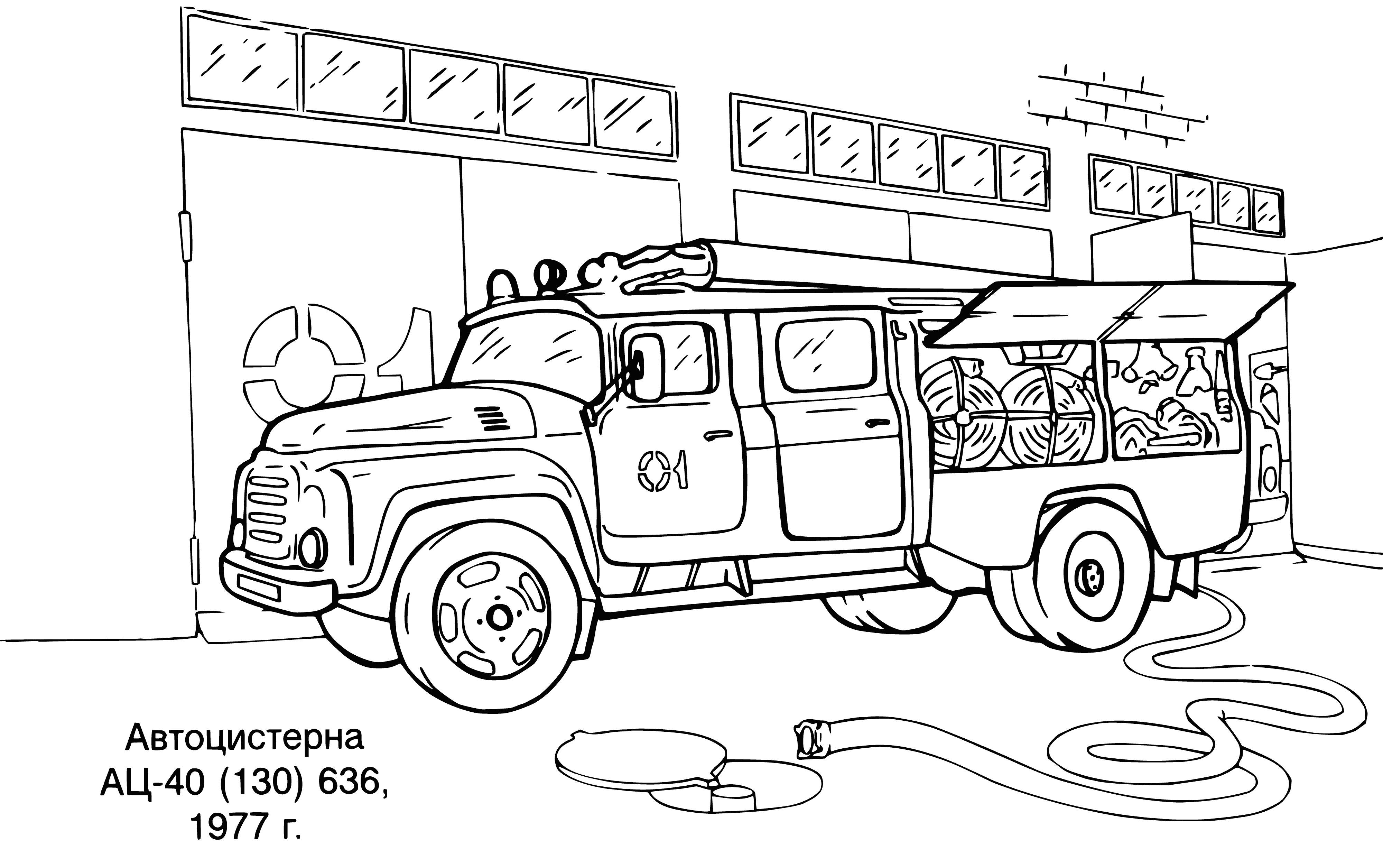 coloring page: Two tanker trucks park side-by-side, firefighters & officers talk w/engines running & hoses connected to hydrants.