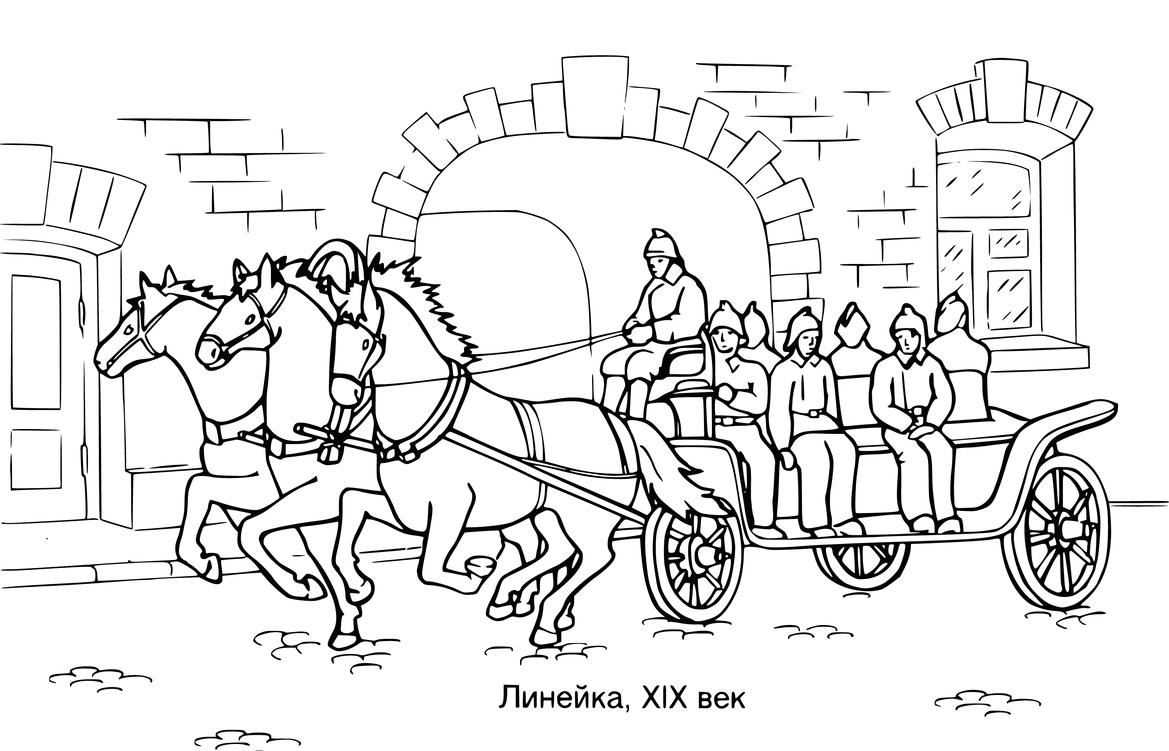 coloring page: A carriage pulled by two horses is decorated in red, gold & ready for an event. It's full of firefighters & police officers, showing comradeship & camaraderie.