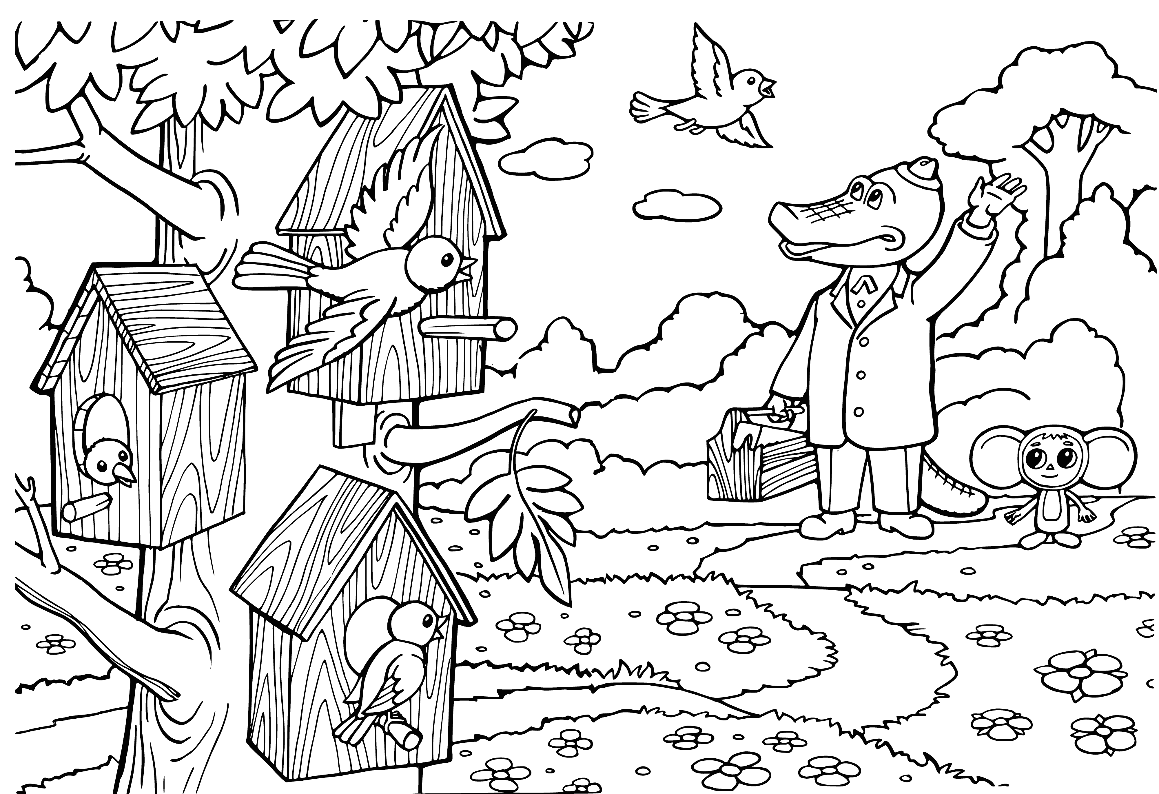 coloring page: 3 assorted colored houses w/ diverse creatures atop each. Every creature unique-looking; sky in bg.