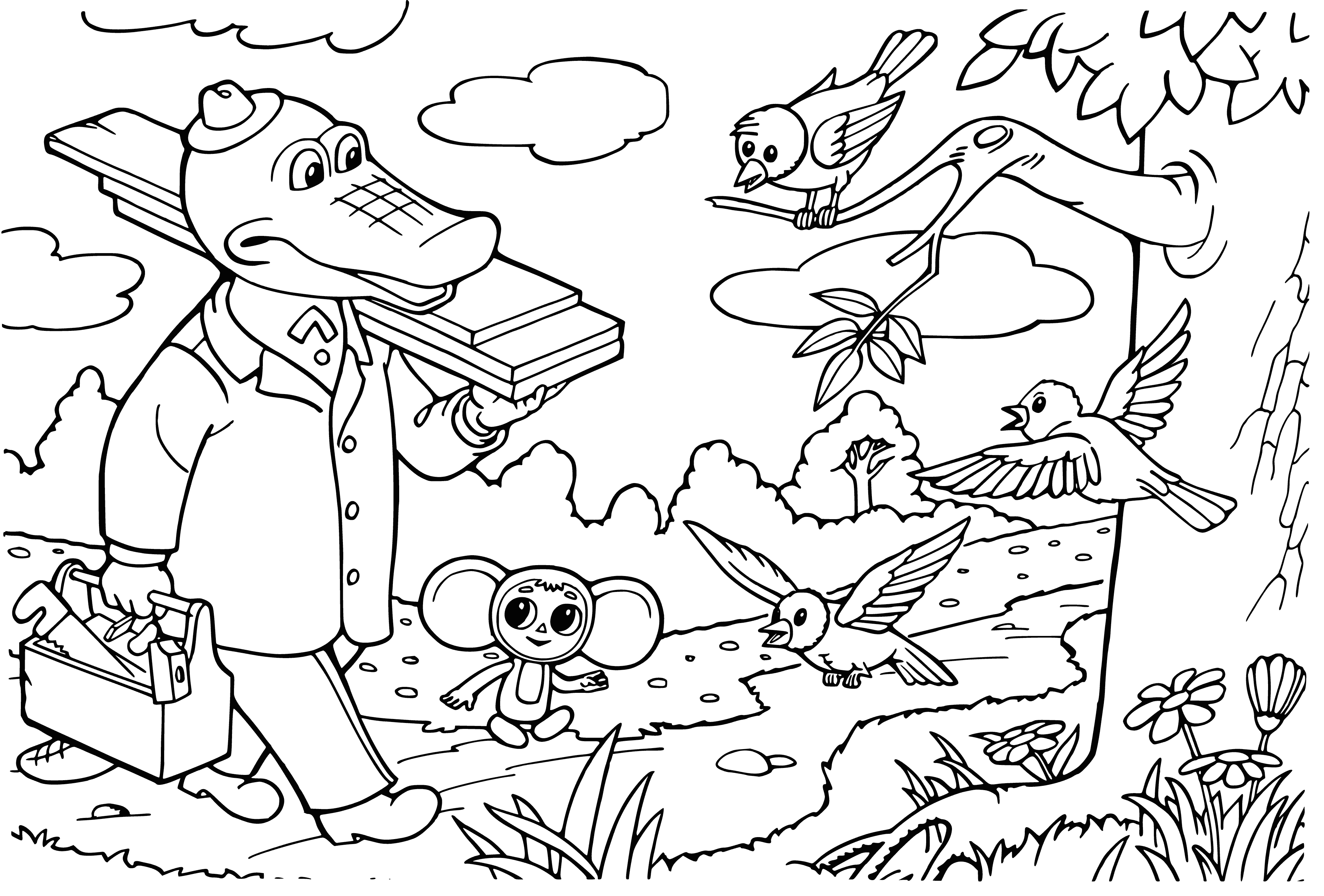Gena and Cheburashka stand together; Cheburashka holding a carrot; Shapoklyak atop a tree in bg.