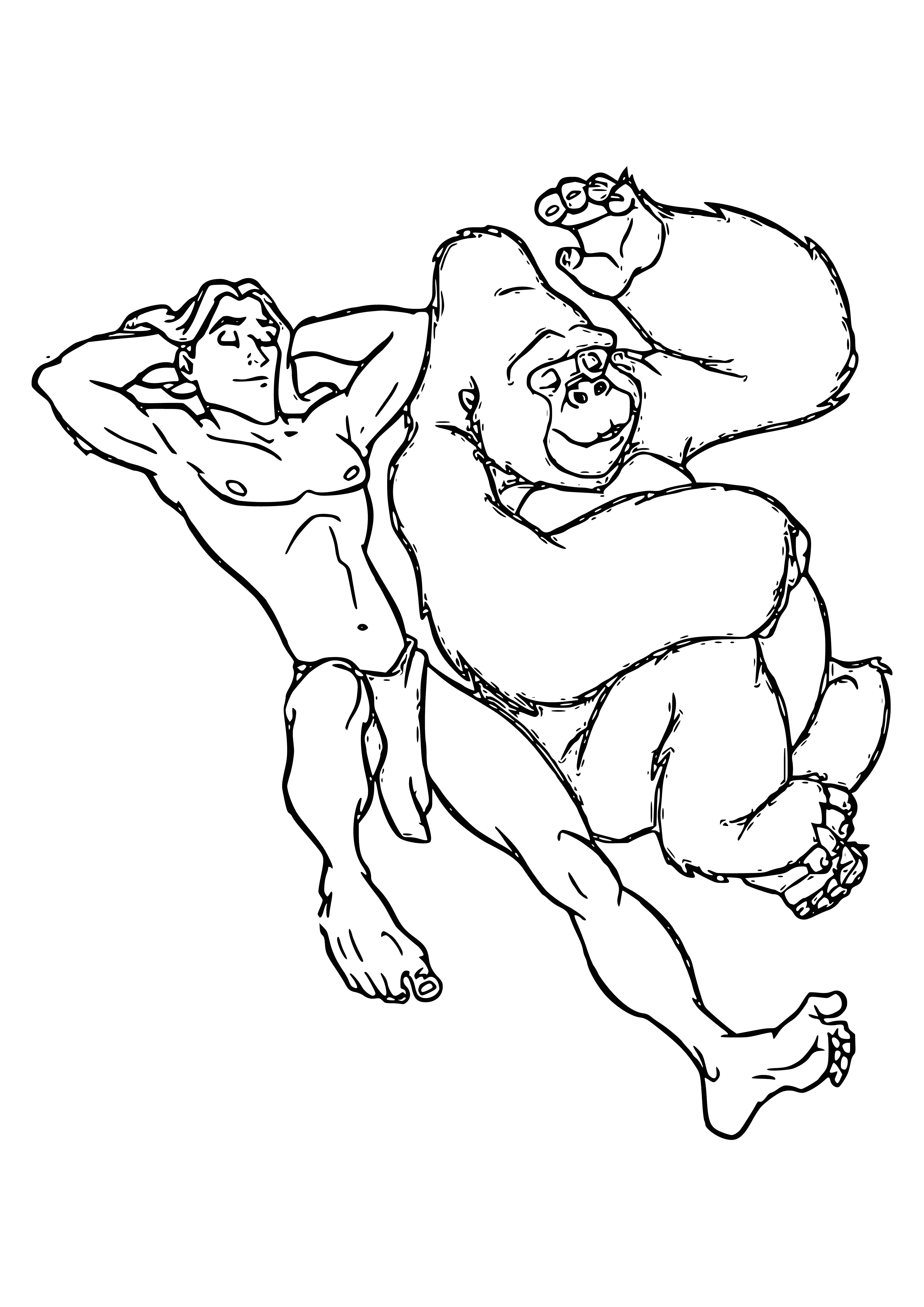coloring page: Tarzan and Kala are embracing in a tender embrace, eyes closed and heads almost touching.