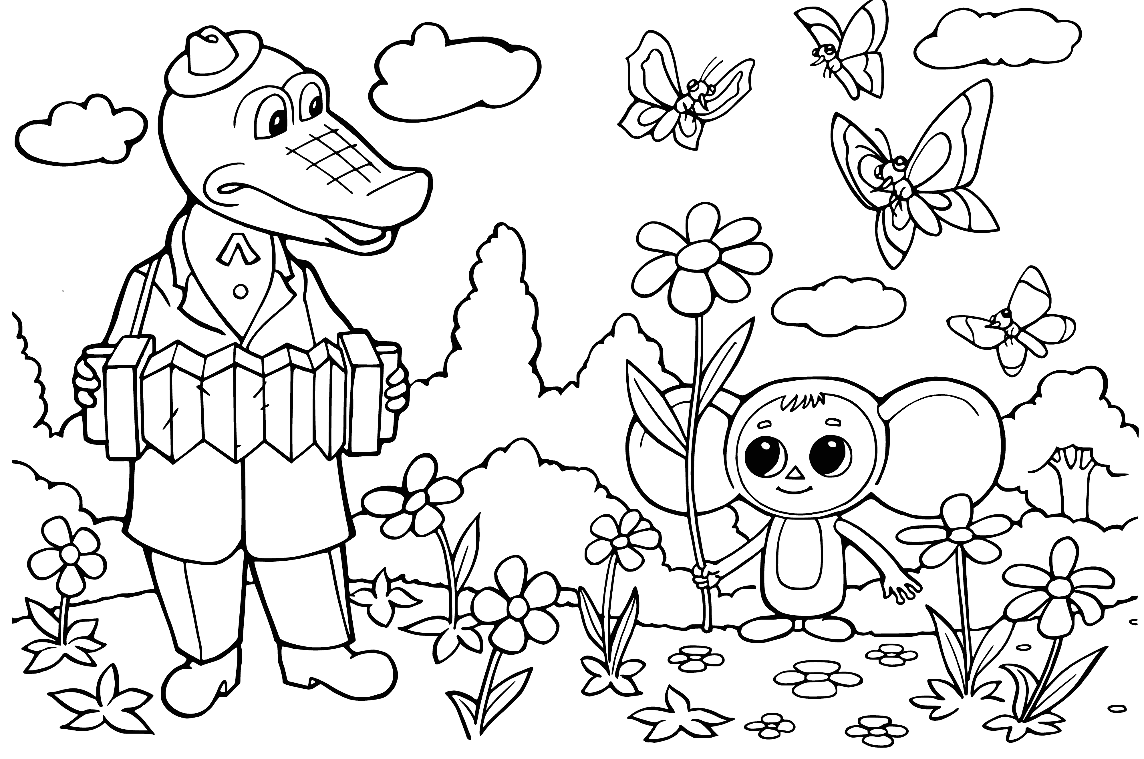 A large crocodile and a small creature face off on a coloring page. The creature looks fearlessly at the croc, its big ears and long tail on display.