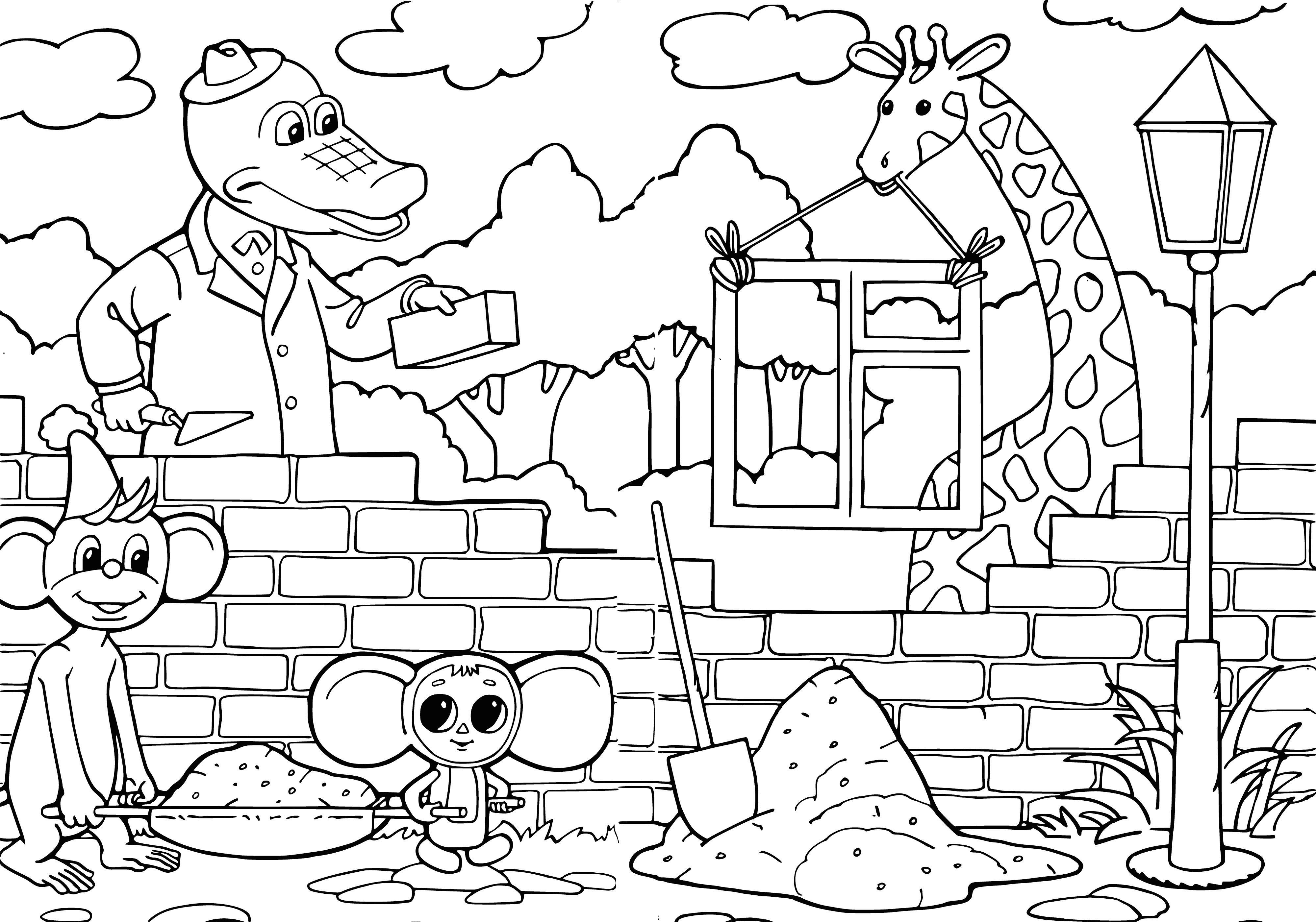 coloring page: Cheburashka, Gena and Shapoklyak work together to build a "House of Friendship". Teeth, hammer, nails: all brought together in friendship!