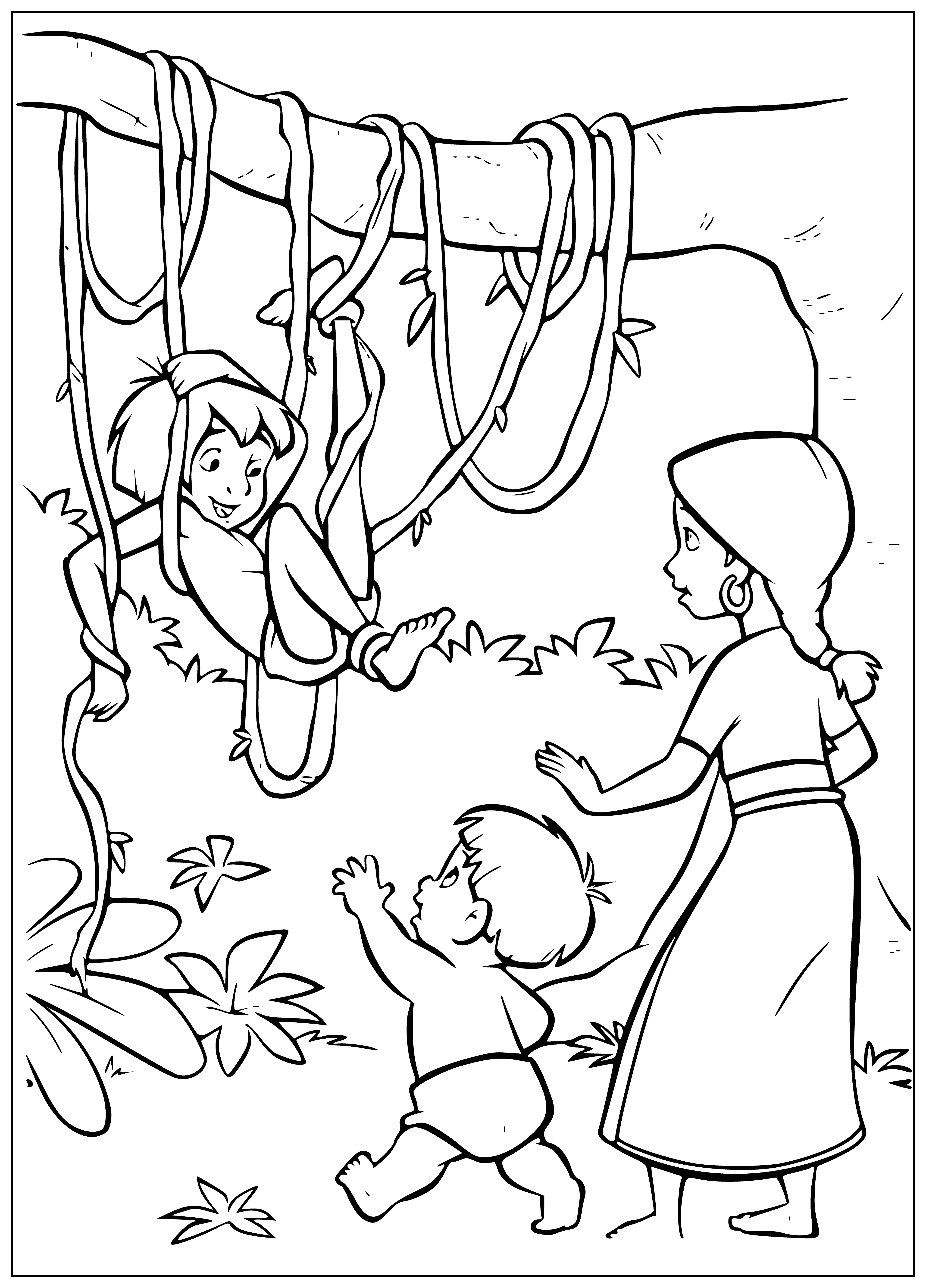coloring page: Small boy stands in jungle clearing with tiger, snake, and monkey. He holds stick and there's a fire.