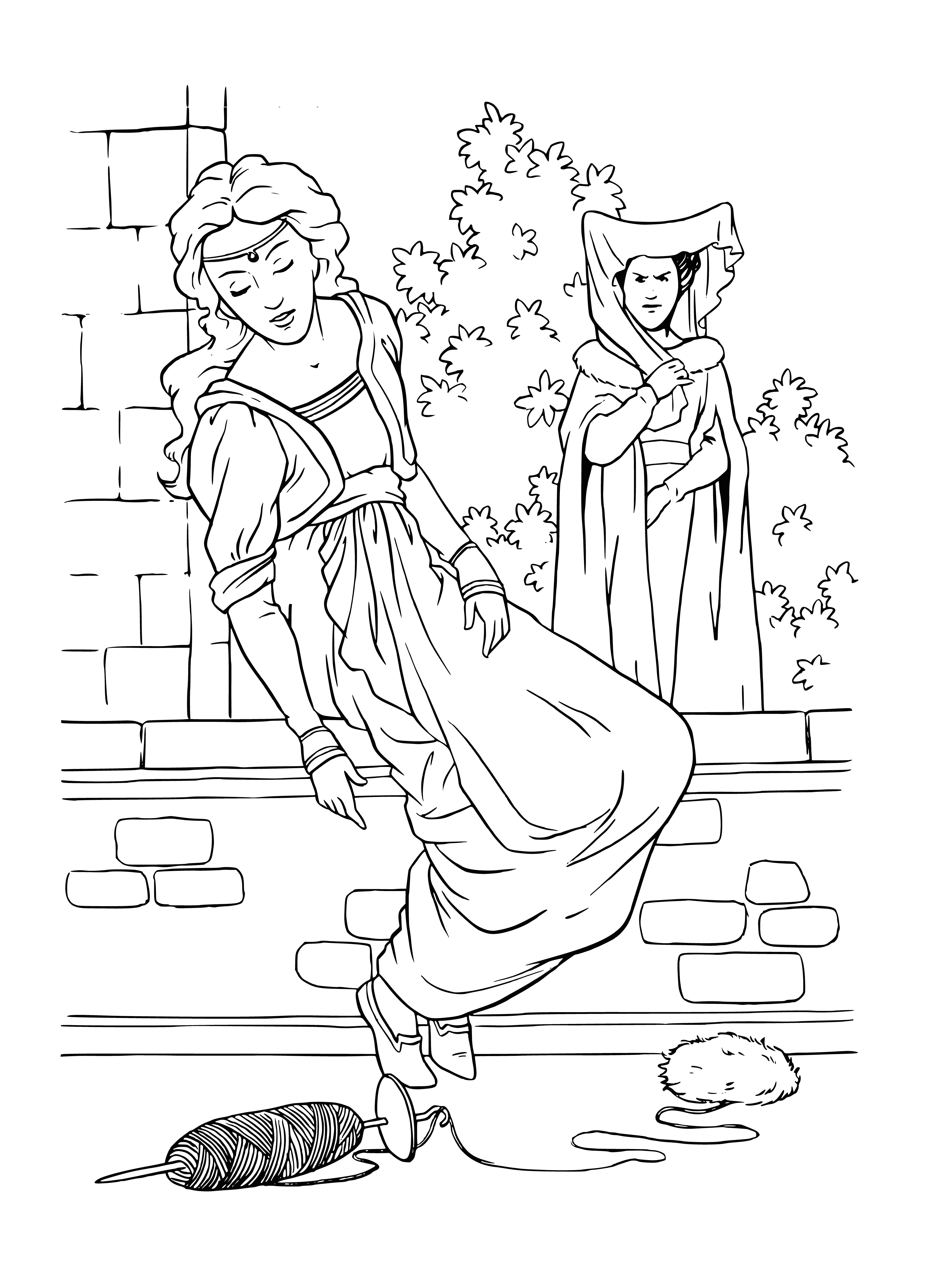 coloring page: Princess pricked her finger, shedding a tear and a drop of blood.