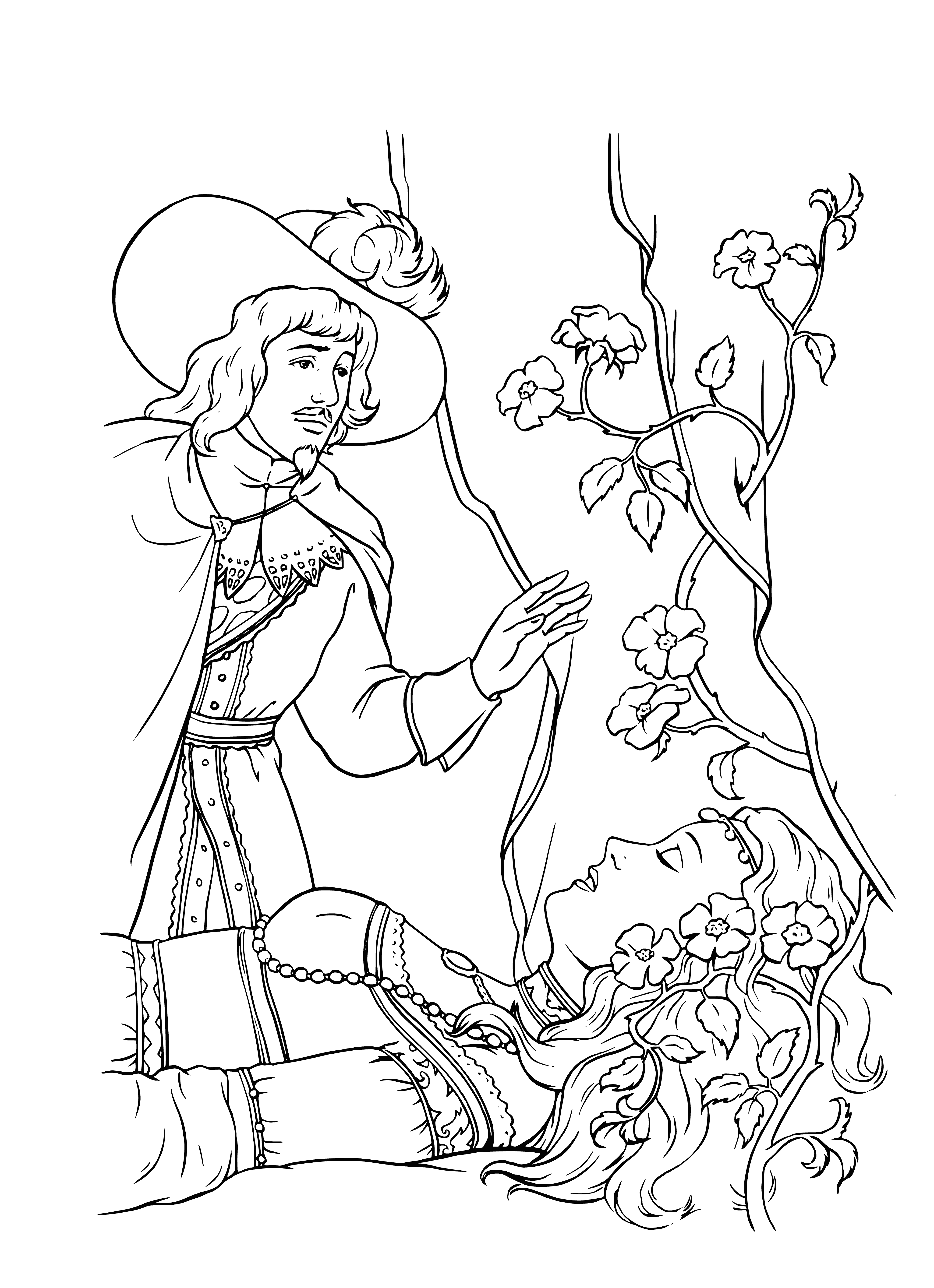 coloring page: A prince and princess fall in love but can't marry. On their wedding night, they spend one night together before the princess's true nature is revealed and they part ways forever.
