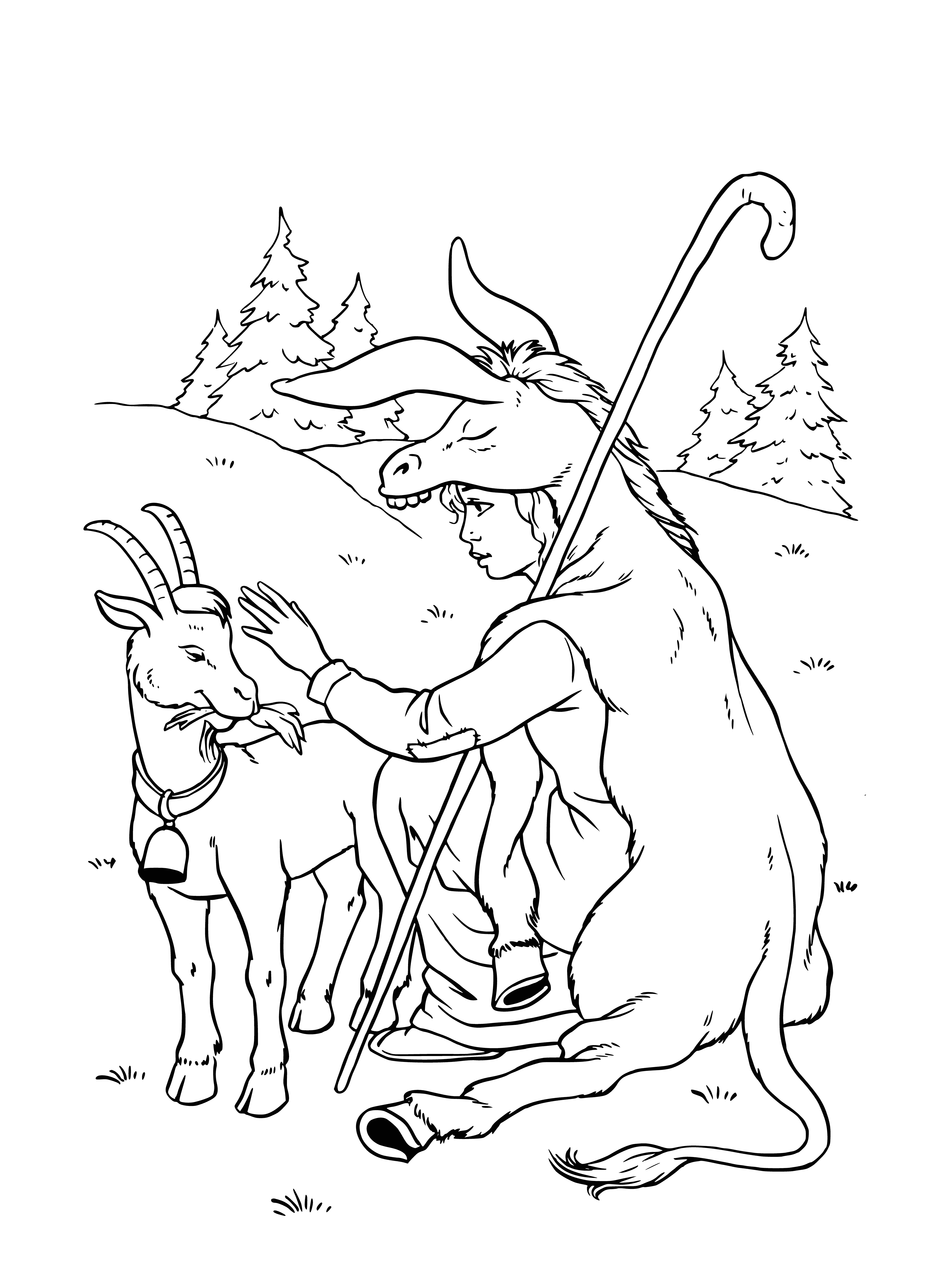 coloring page: A proud donkey with a dazzling golden coat stands in a fragrant field of flowers.