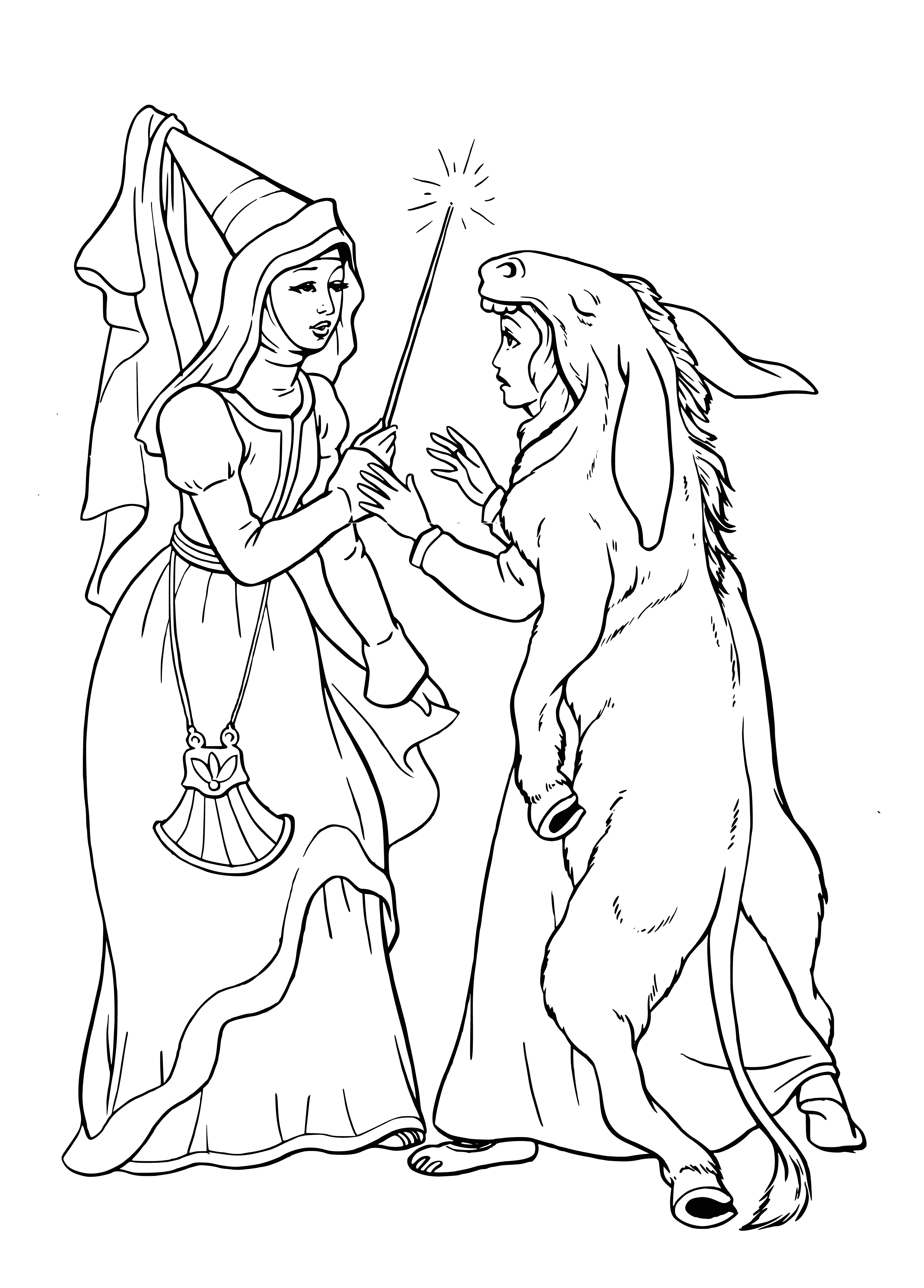 coloring page: Fairy casts spell on princess in pink dress, giving her happily ever after.