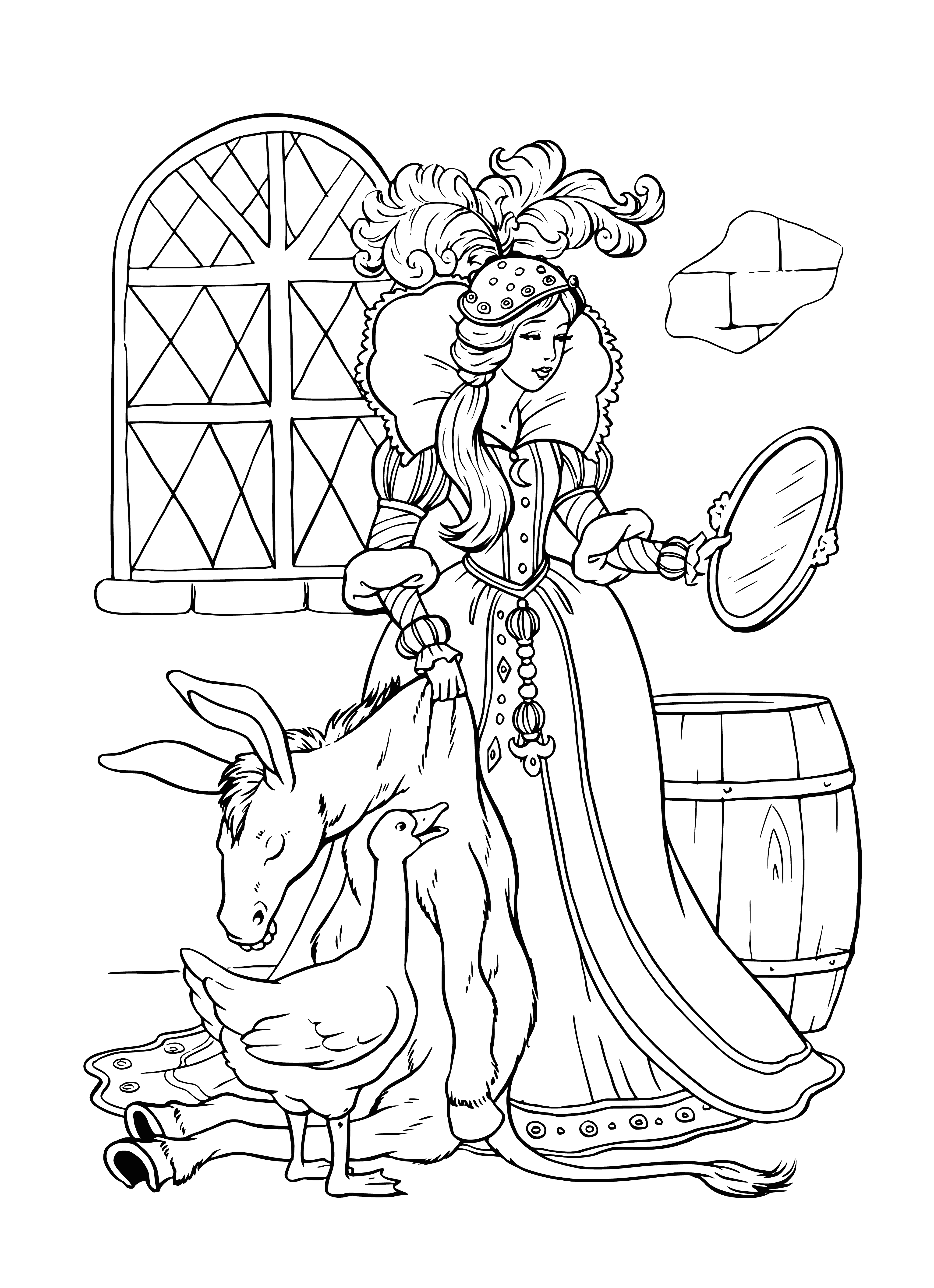 coloring page: Young princess sits on a throne, wearing a beautiful dress and tiara - looks radiant and happy.
