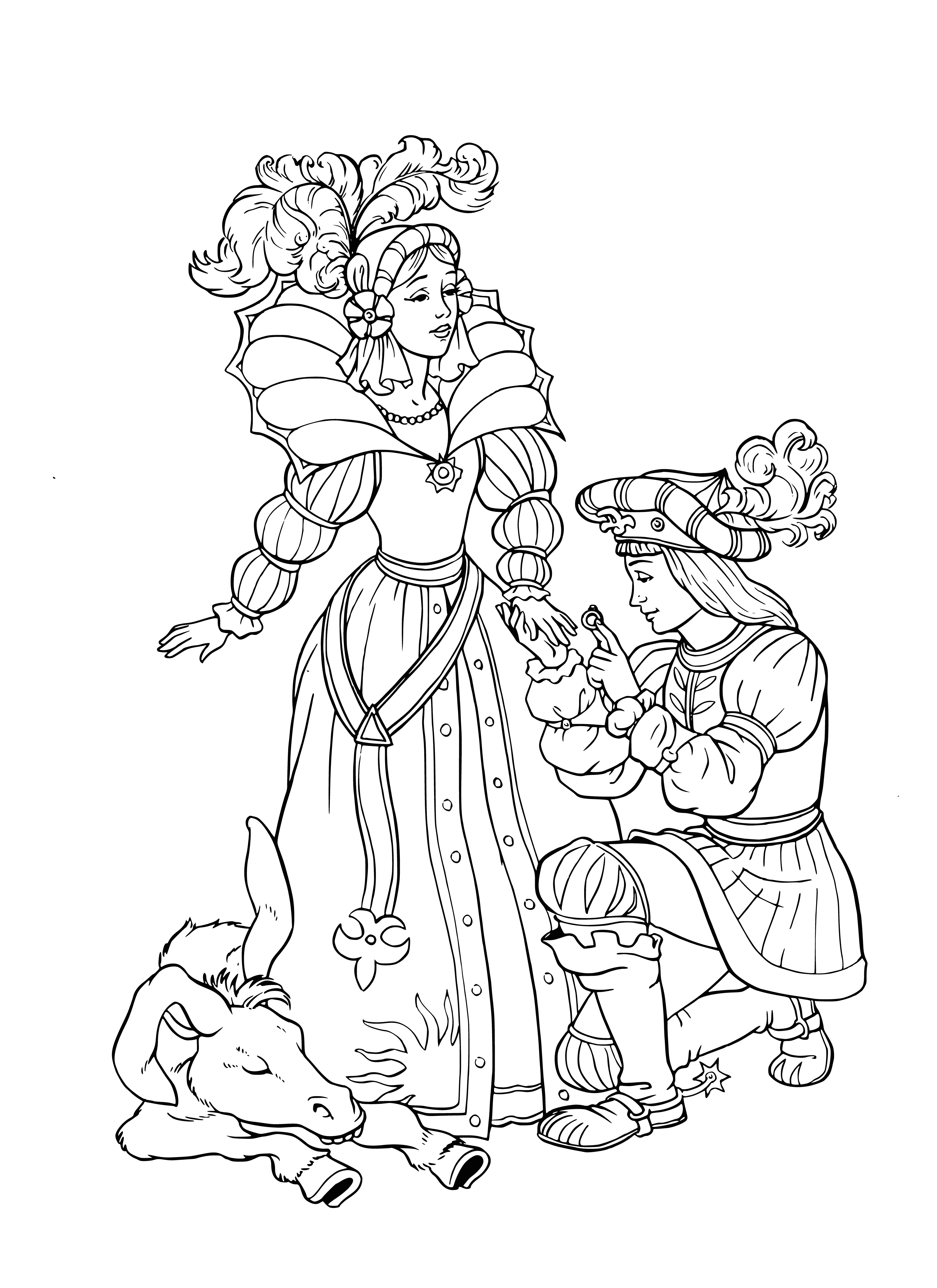 coloring page: Young prince & princess hold hands before castle; he's wearing blue coat with gold buttons and she's wearing a pink dress. #Fairytale