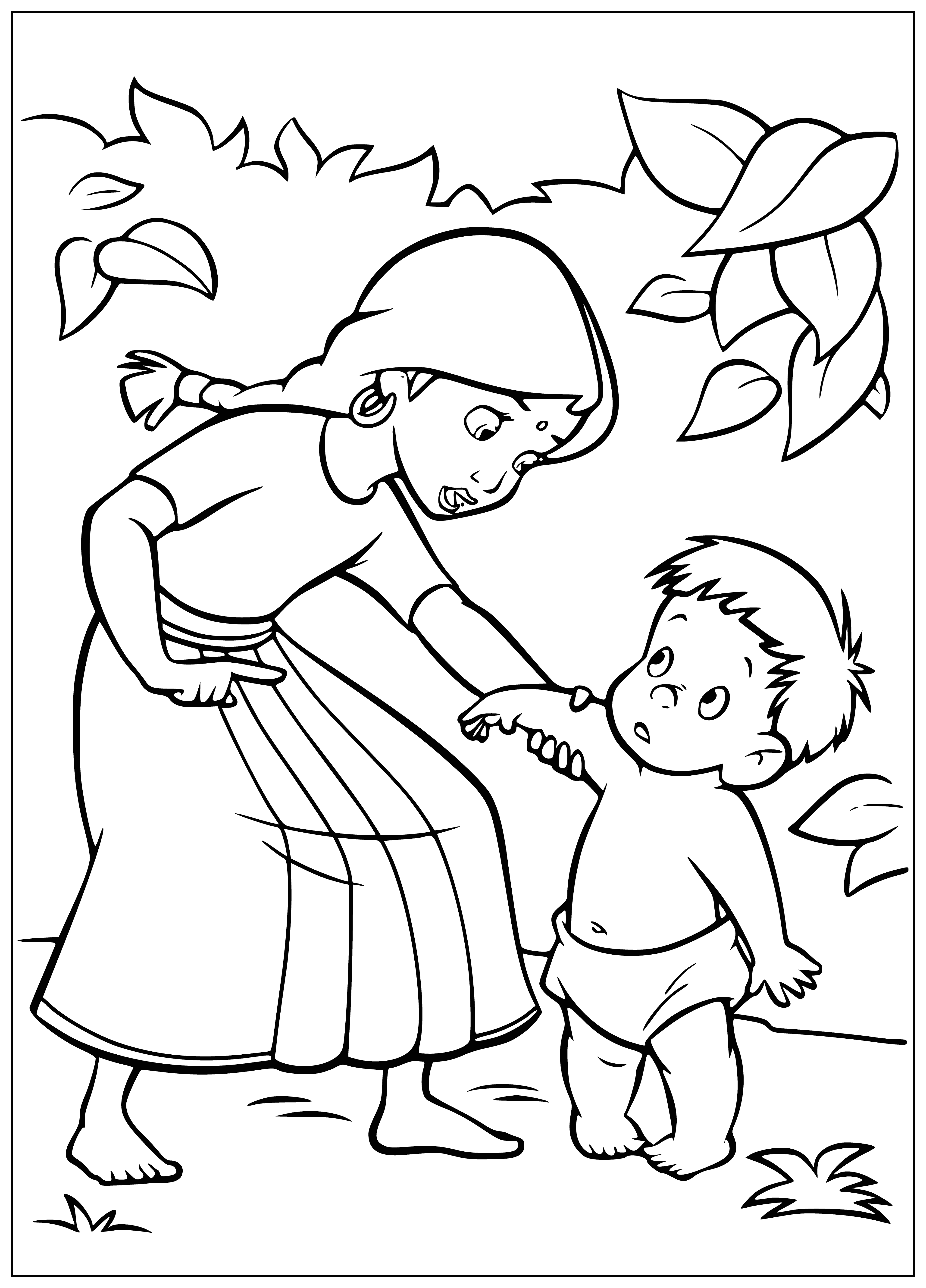 coloring page: Siblings smile on jungle leaf; boy holds stick with small bird perched on it.