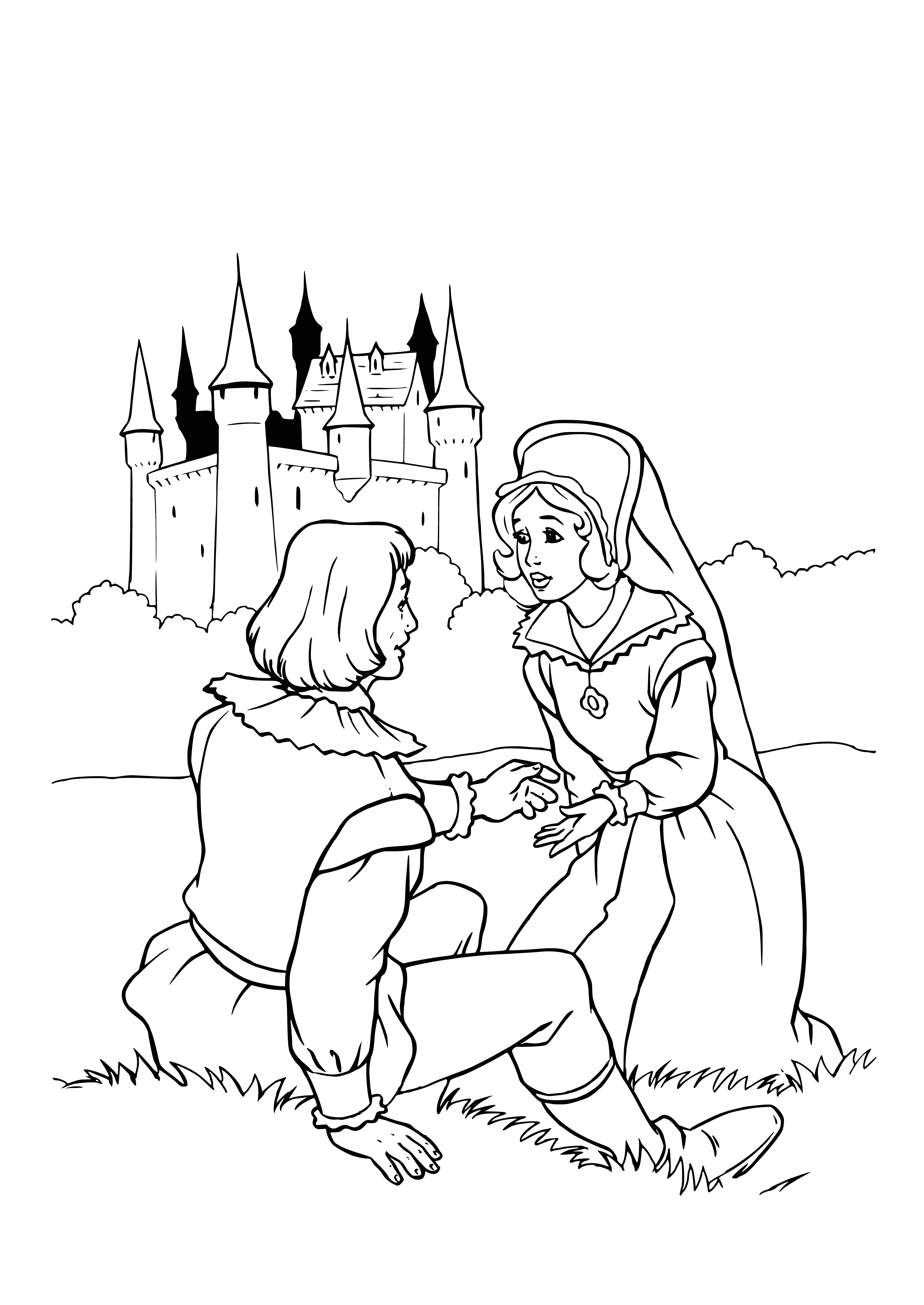 coloring page: Woman in white dress sadly looks at palace while lion-man creature looks at her gently. In ethereal scene, moat surrounds palace with many windows & towers.