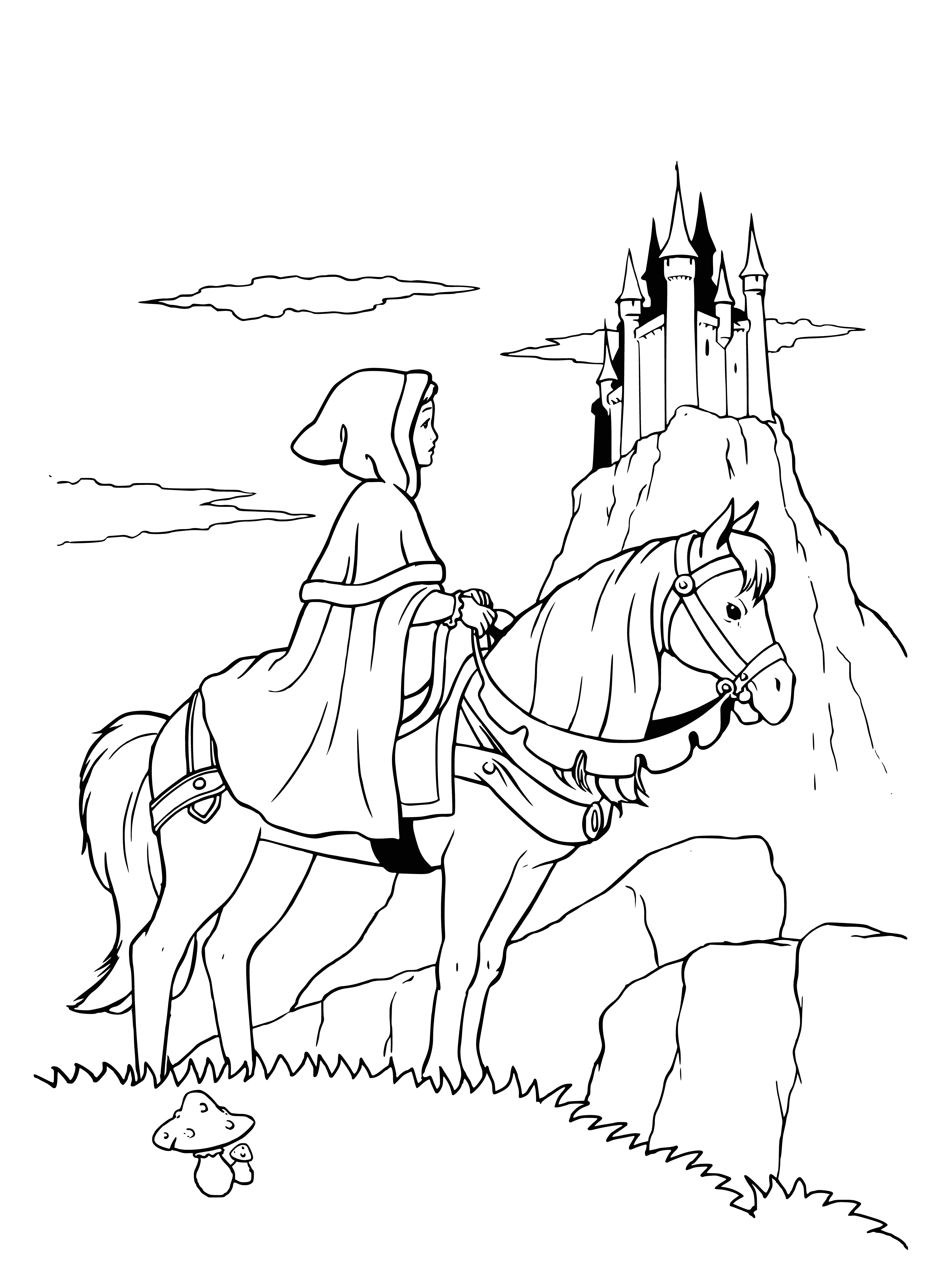 coloring page: Woman stands at a tree, looking at a castle; wearing a white dress and blue scarf, her hair blows in the wind.