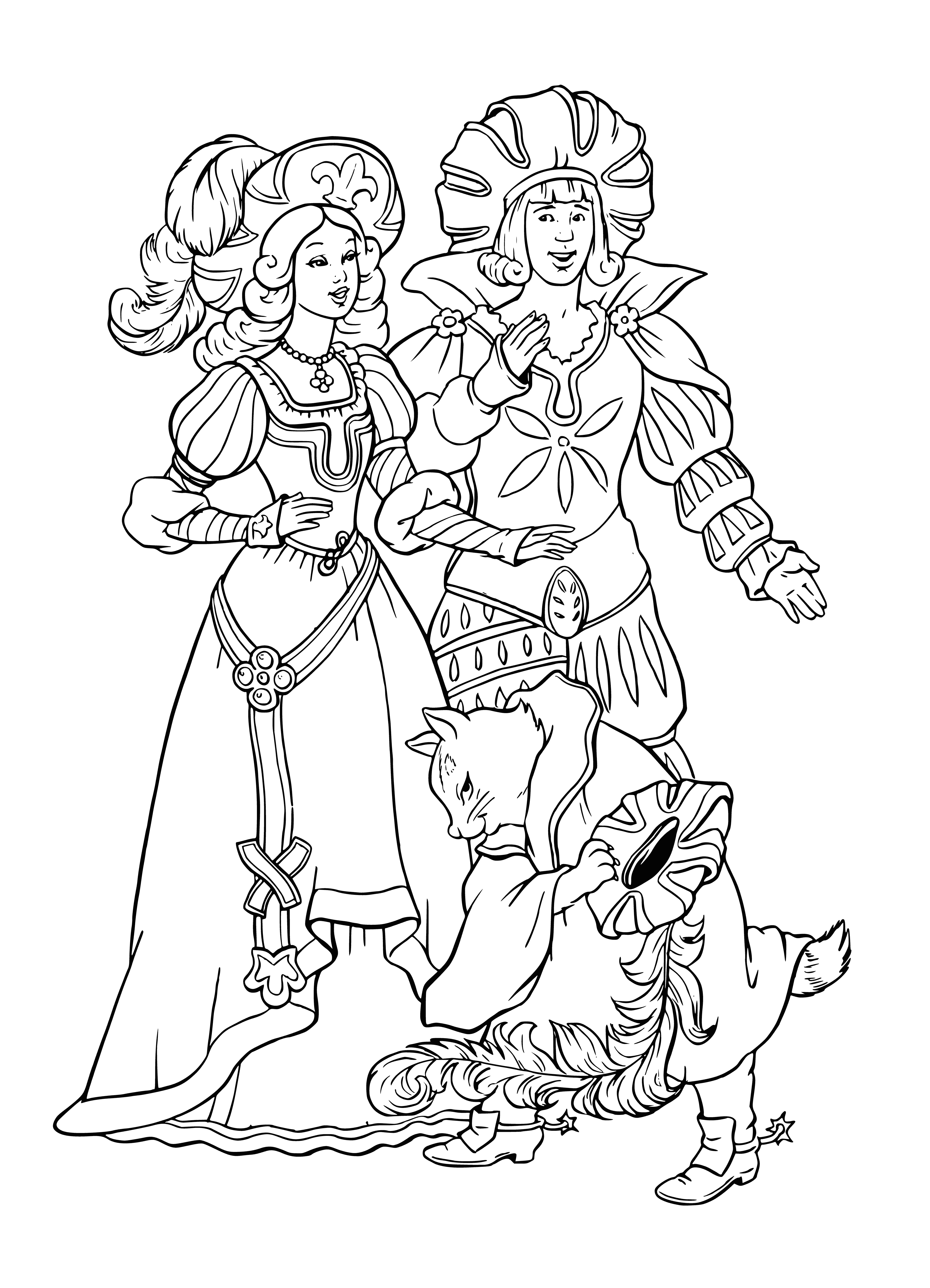 coloring page: Man & woman holding swords stand in front of castle. He's in armor, she's in a long dress.