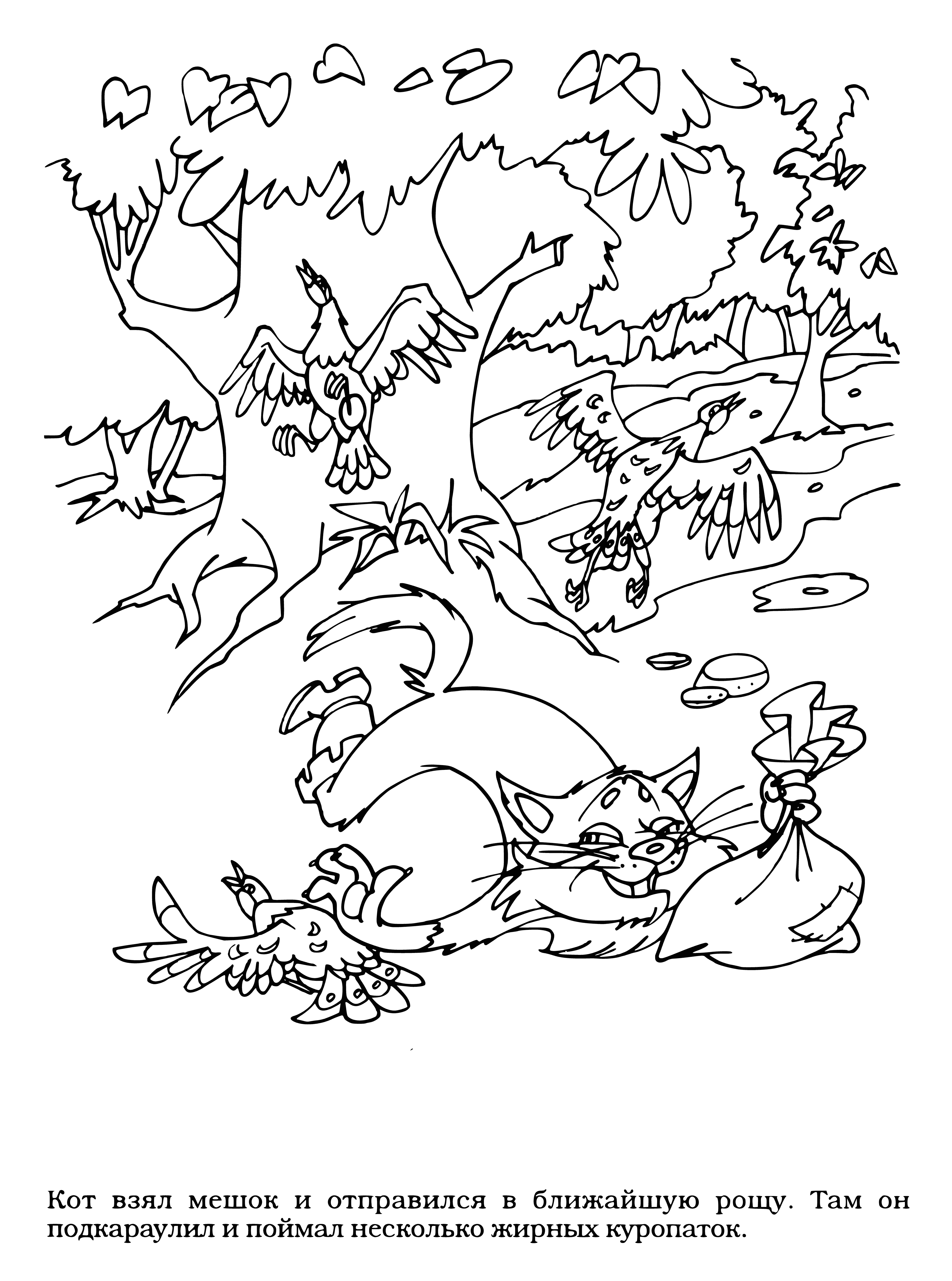 coloring page: Cat is about to bite a scared hedgehog.