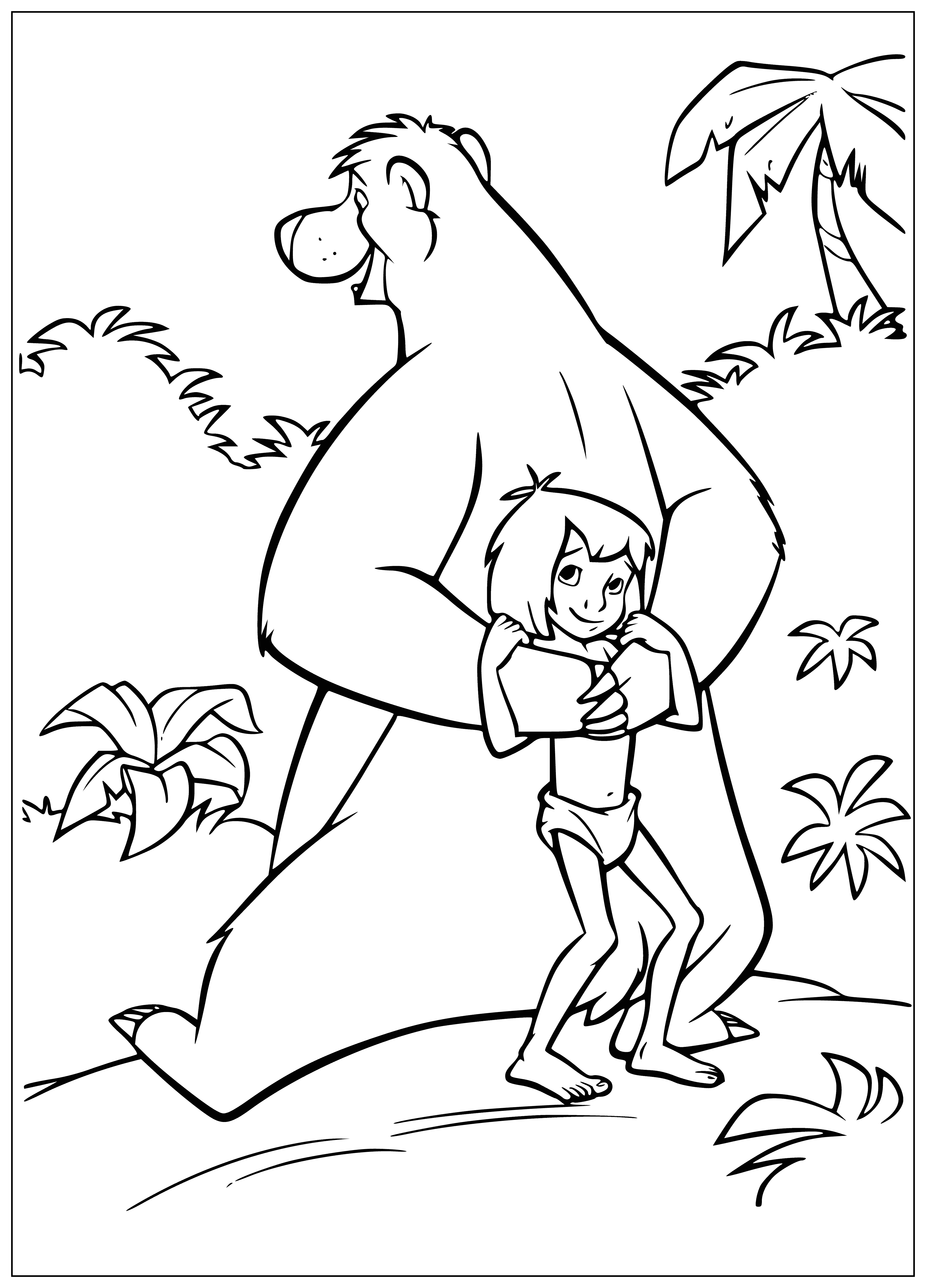 coloring page: Baloo hides Mowgli, a small, dark-skinned boy with black hair wearing a loincloth & tiger-skin cloth around his waist. Baloo is a large brown bear with black fur, standing on his hind legs.