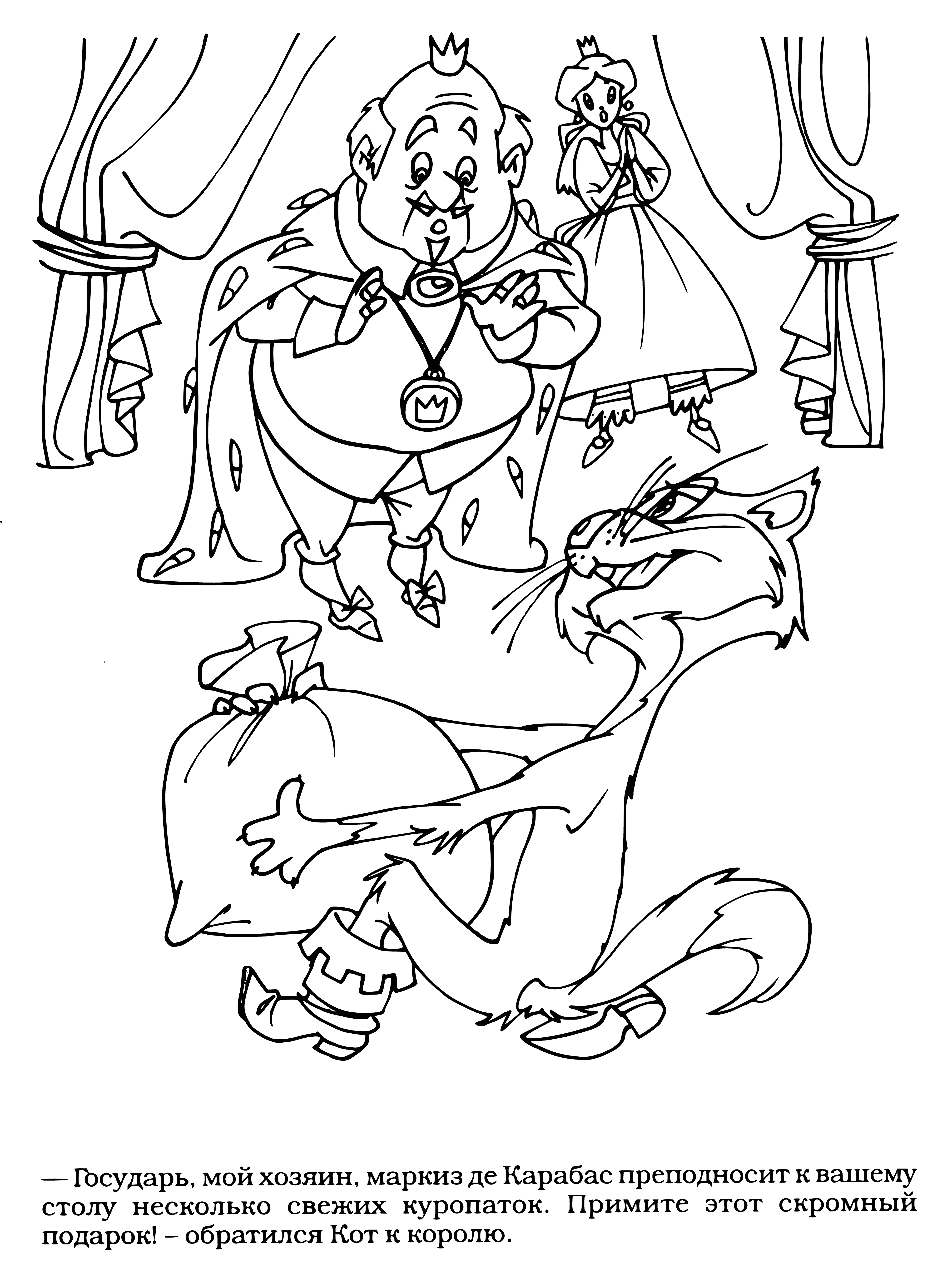 coloring page: Coloring page of partridge in a bag on a table, with two figures – a woman standing, and a man sitting - looking at each other and the bird.