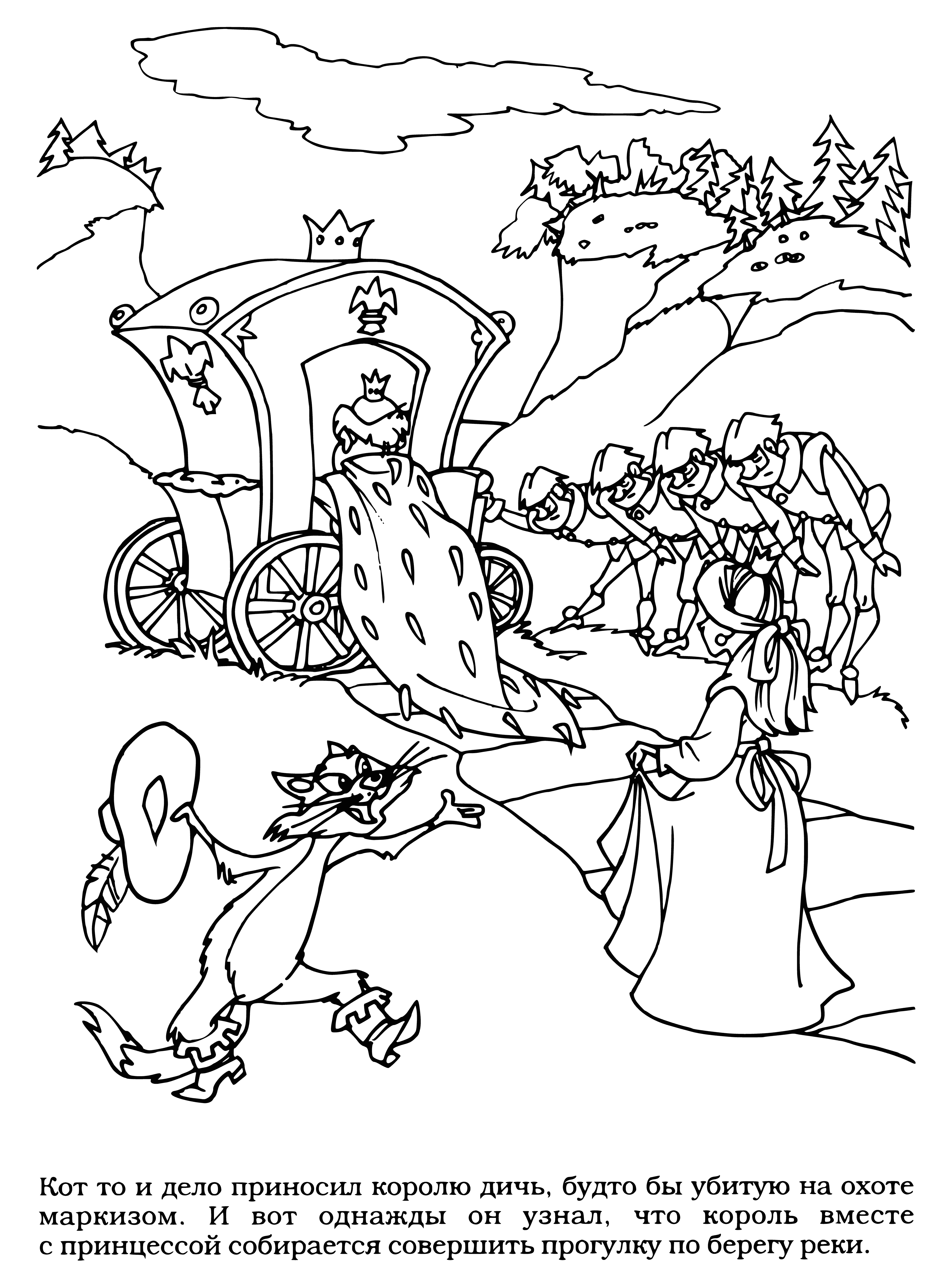 coloring page: King wears red w/ gold buttons & crown, carries staff. Surrounded by 4 in armor walking through forest.