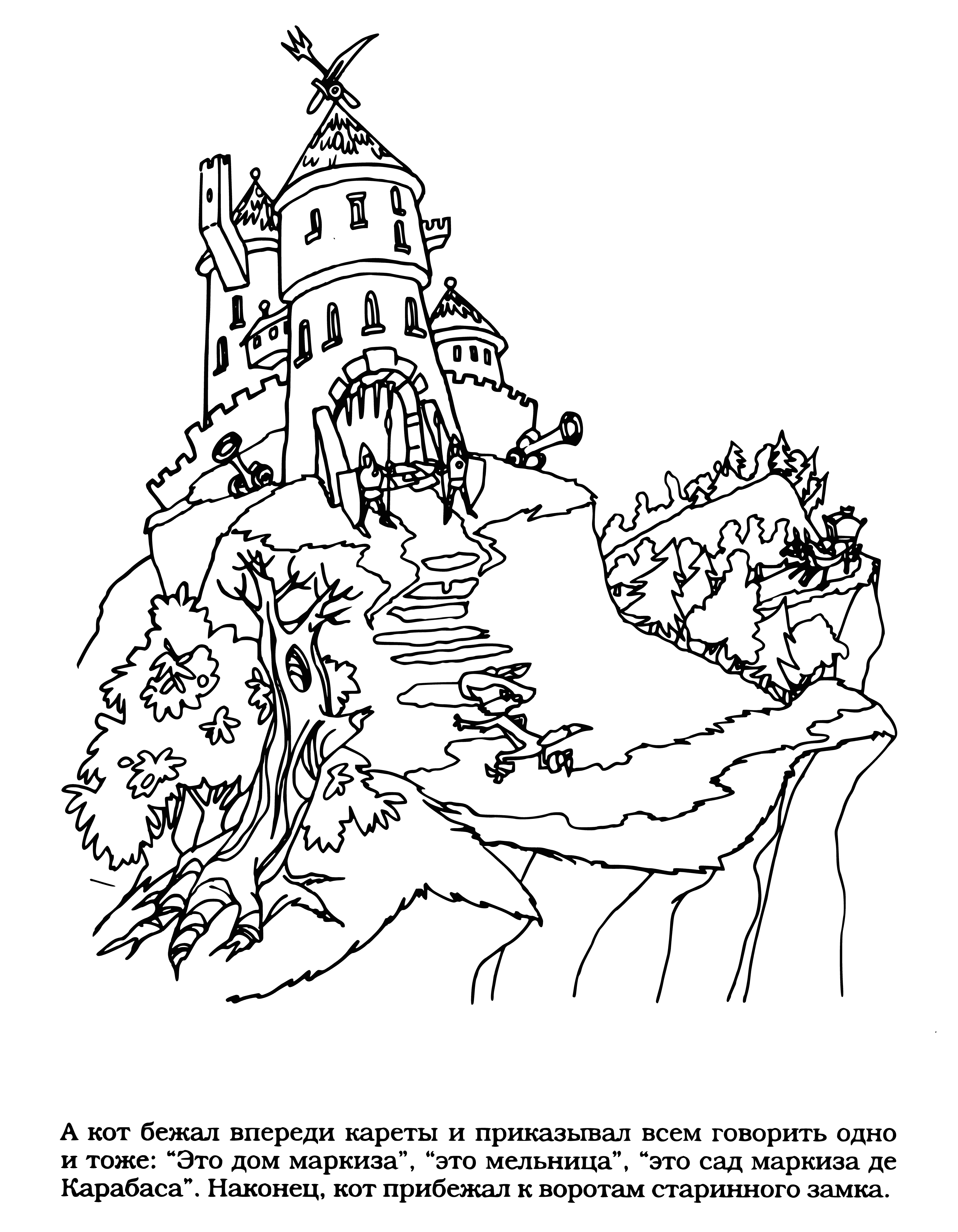 coloring page: An ogre's castle sits atop a hill, surrounded by a forest. Stone walls, many windows, one door. #Ogres #Castles #Forests