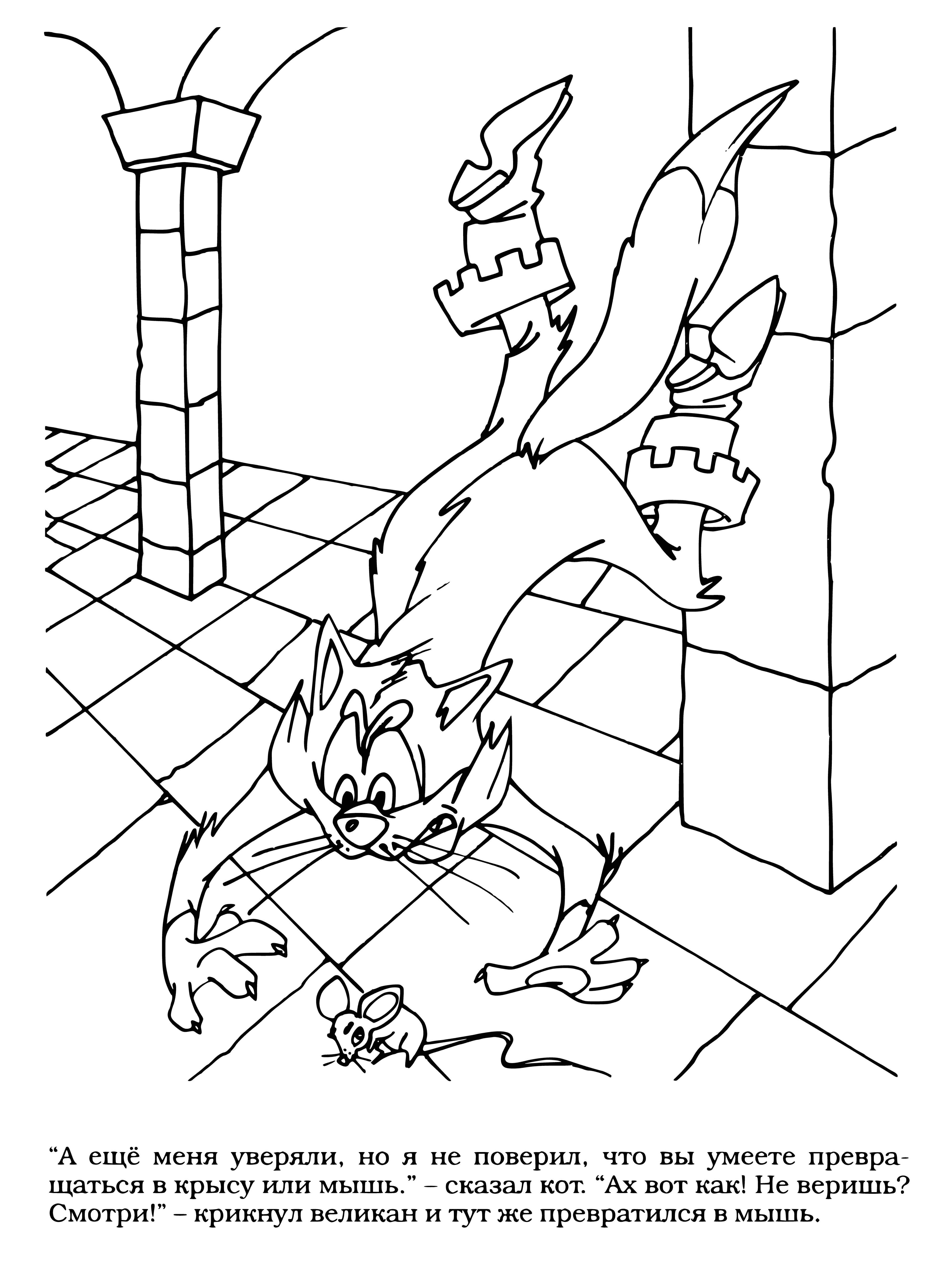 coloring page: A big mouse stands on two legs, wearing a blue coat and red scarf. Beady eyes, long thin tail, pointy ears. #ColoringPage