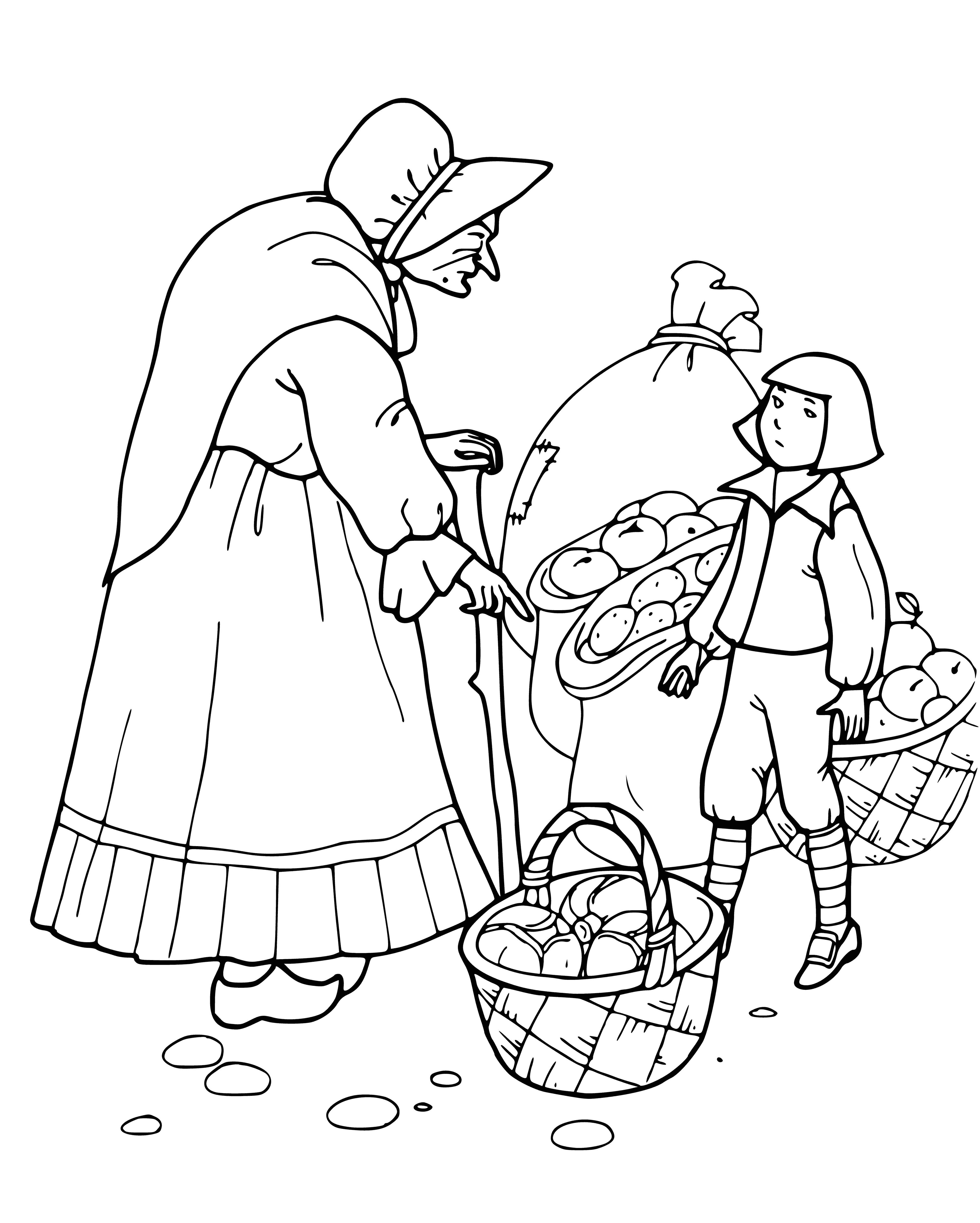 coloring page: Wicked witch stirring cauldron, has rat & raven, eerie green glow, black clothing & cape; cat lazily rests on cauldron rim.